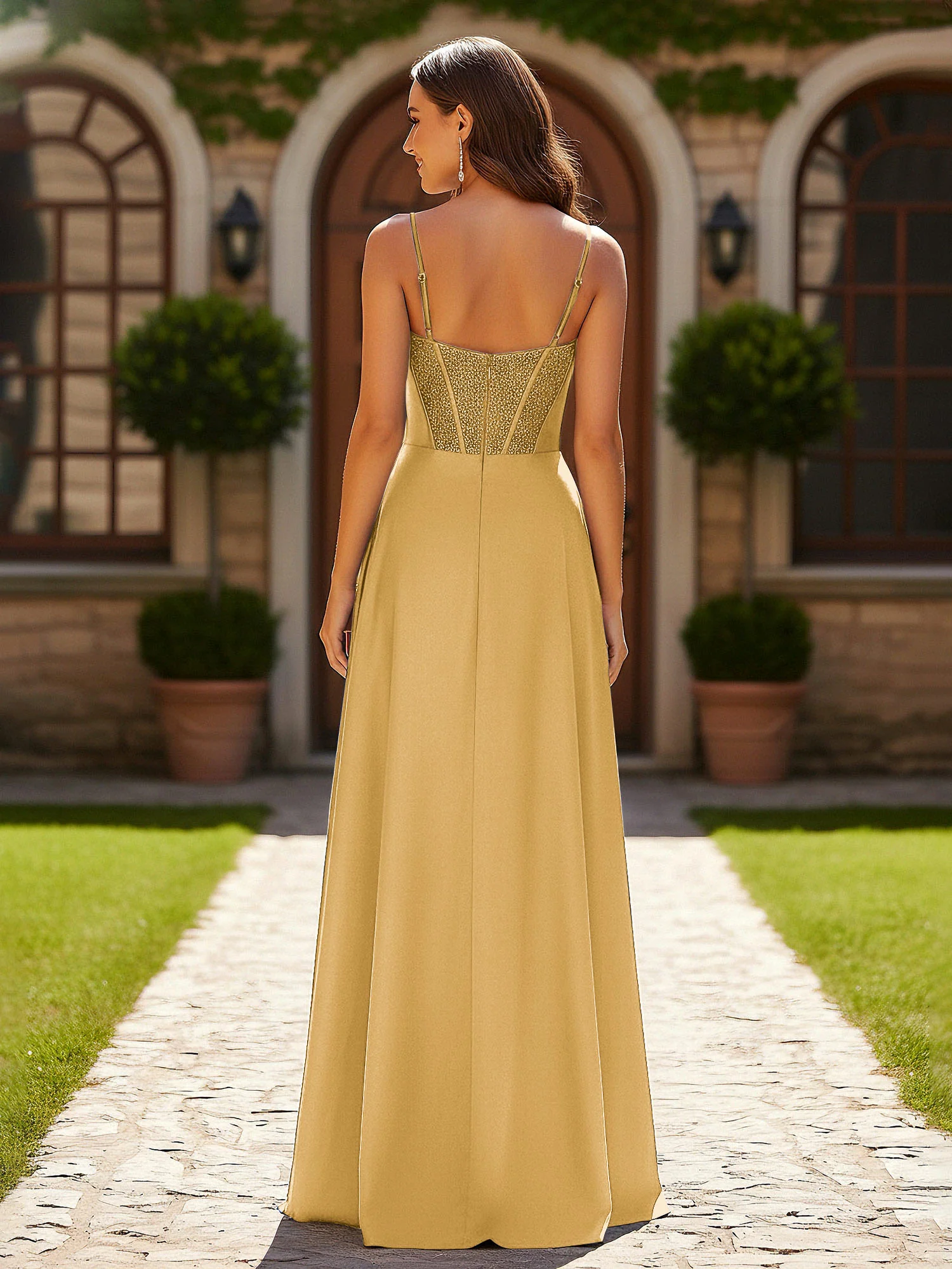 Beaded Corset Bodice Gown with High Leg Slit Gold - Image 2