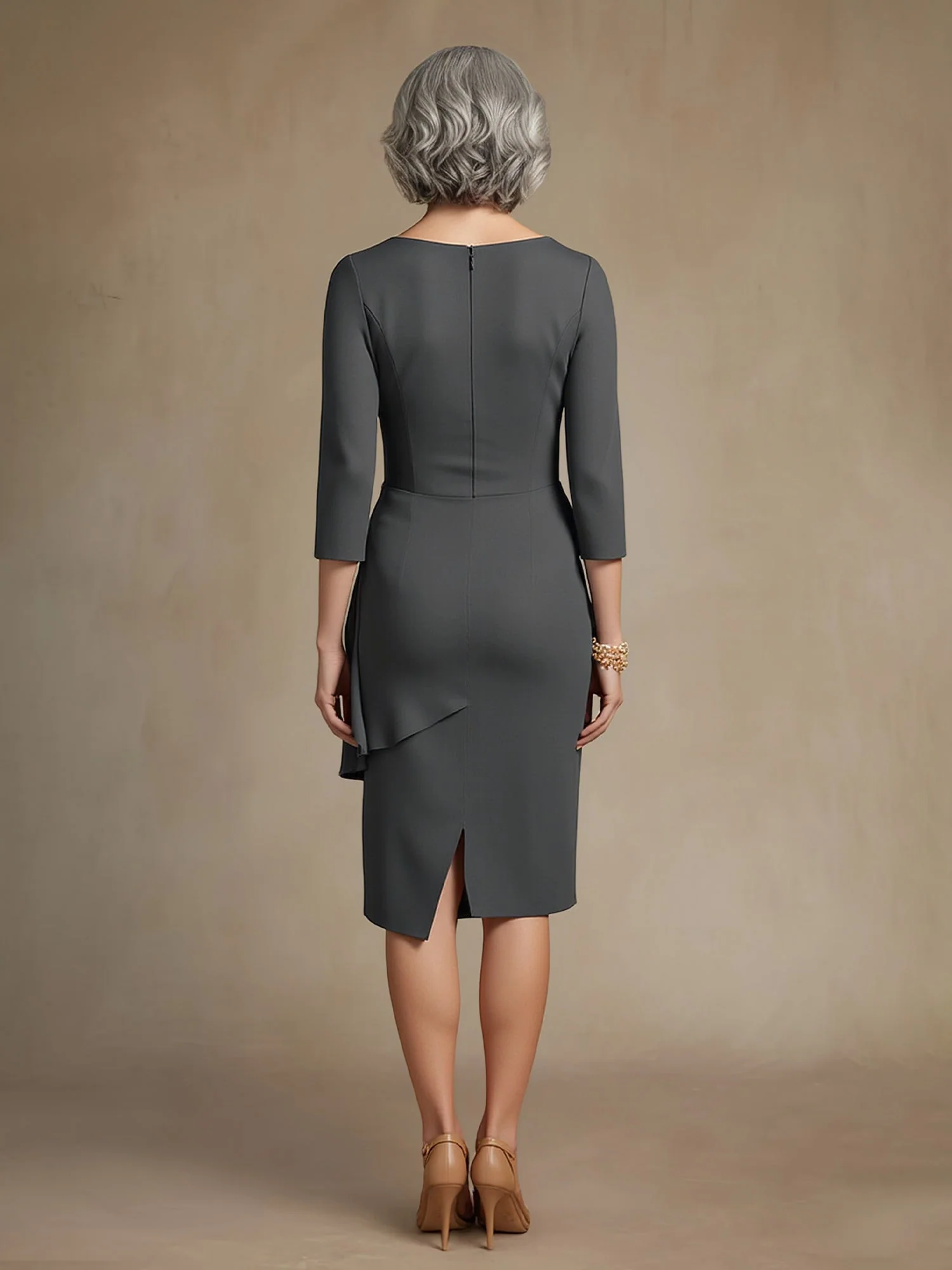 Scoop Neck 3/4 Sleeves Knee-length Dress Black - Image 2