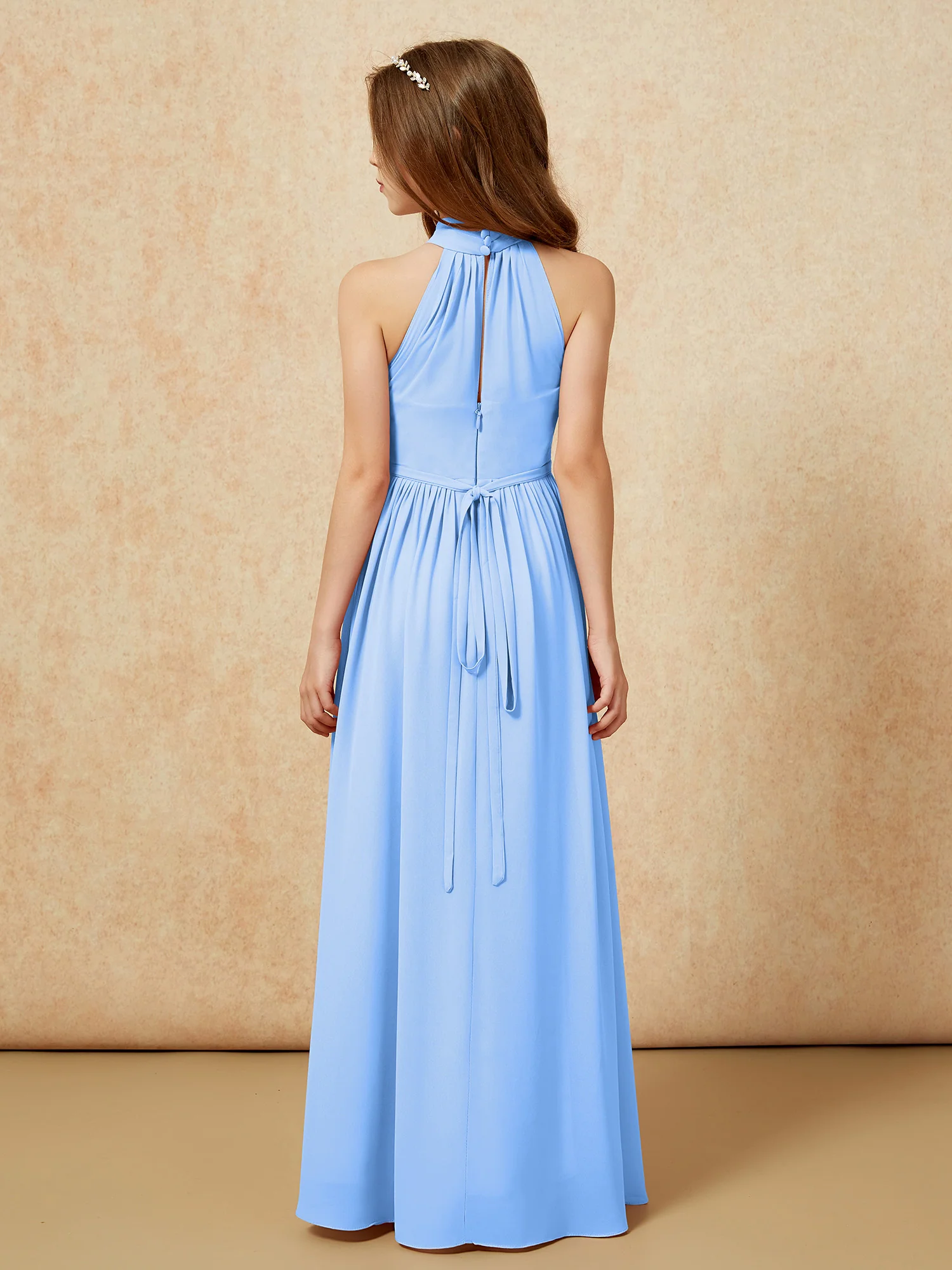 High Neck Long Junior Bridesmaid Dress With Slit Blue - Image 2