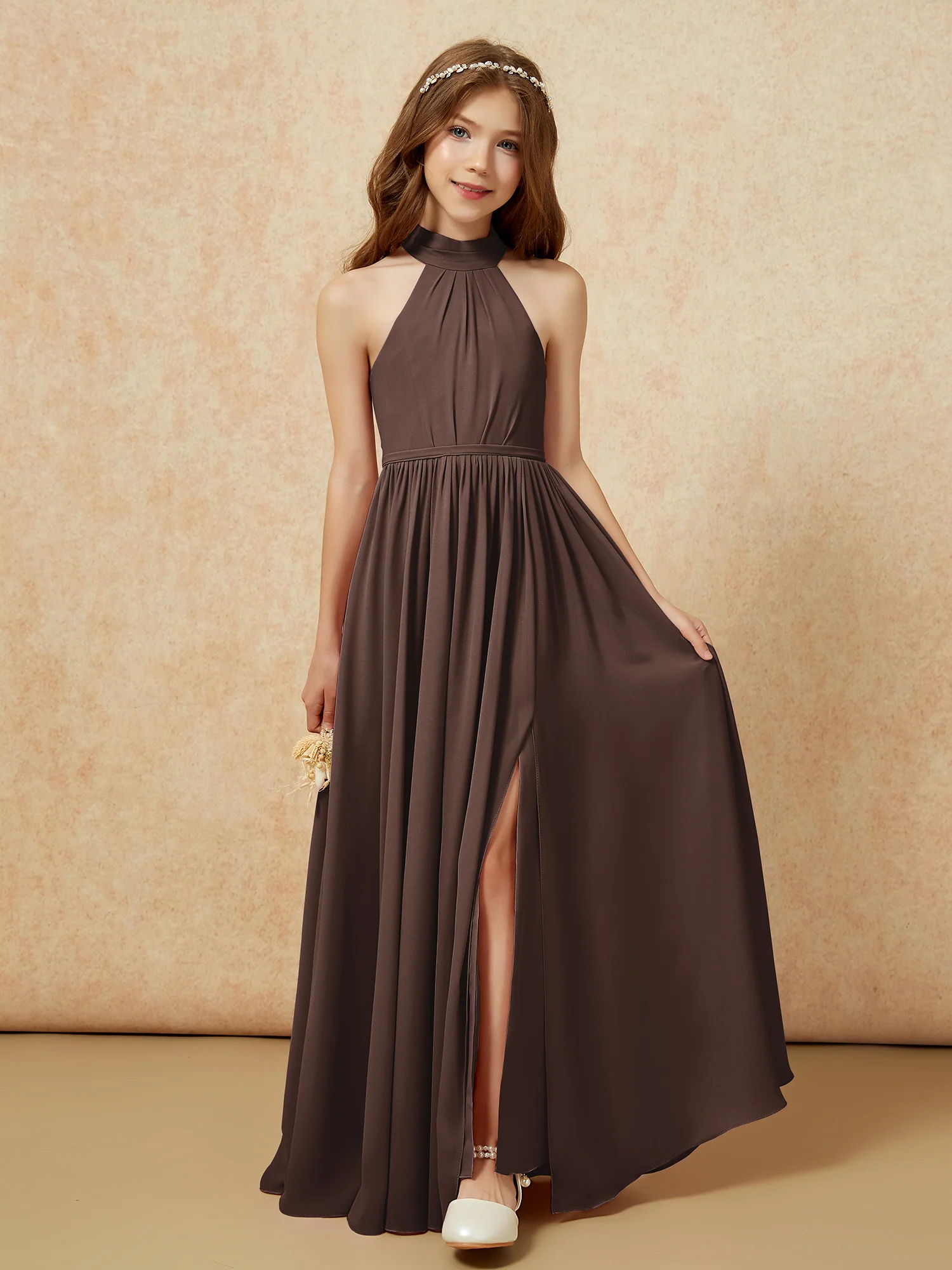 High Neck Long Junior Bridesmaid Dress With Slit Chocolate