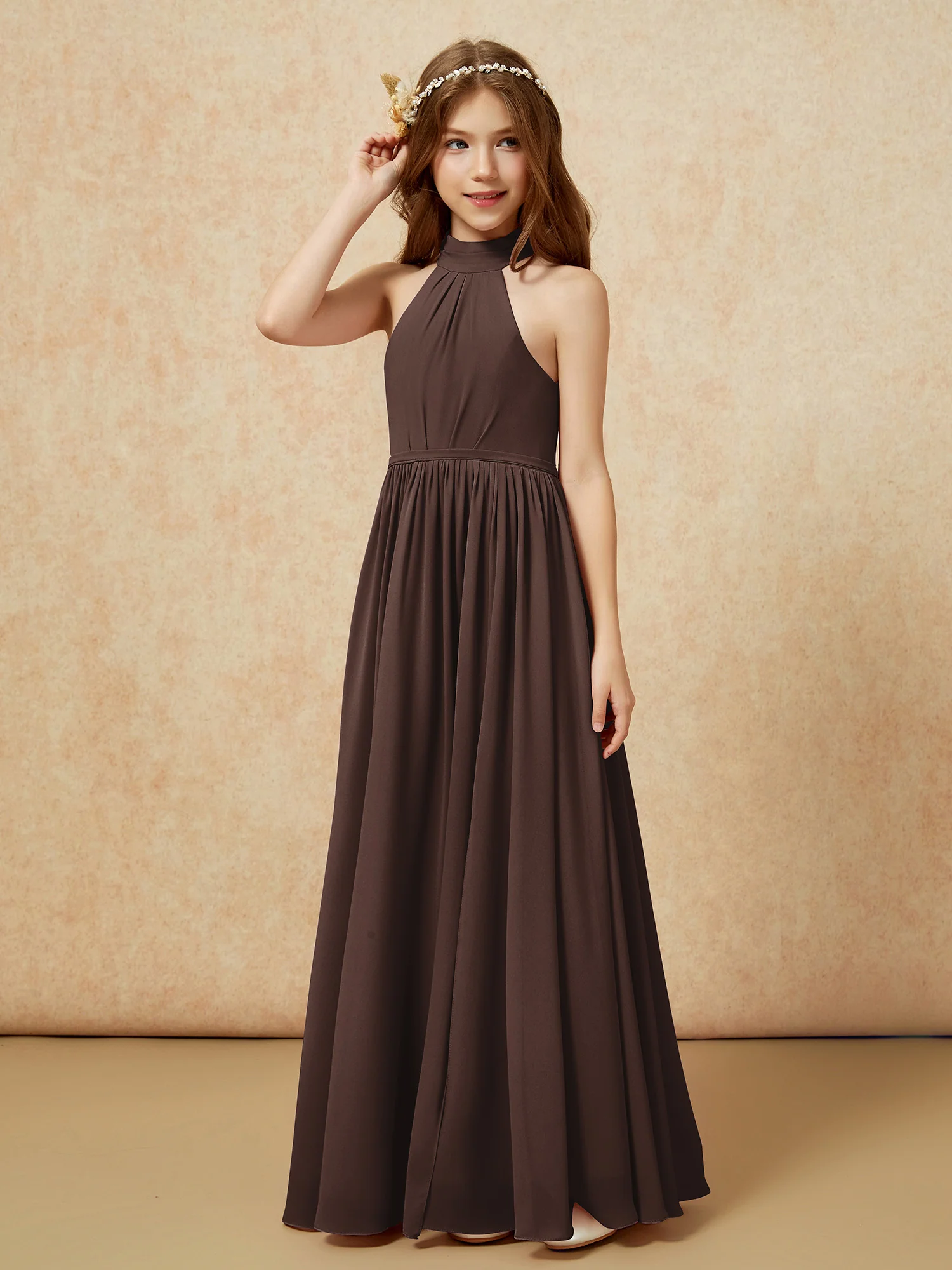 High Neck Long Junior Bridesmaid Dress With Slit Chocolate - Image 6