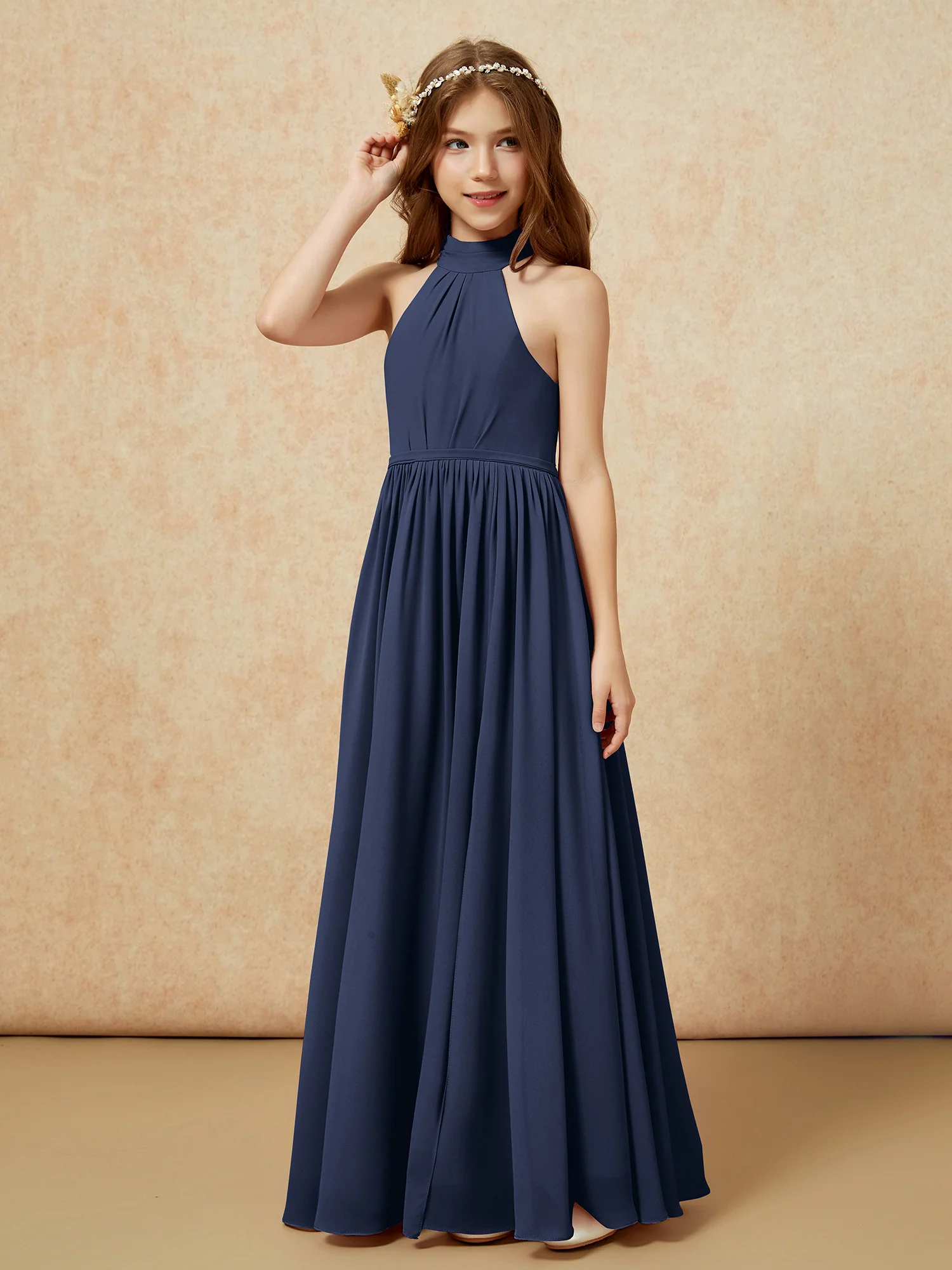 High Neck Long Junior Bridesmaid Dress With Slit Dark Navy - Image 6