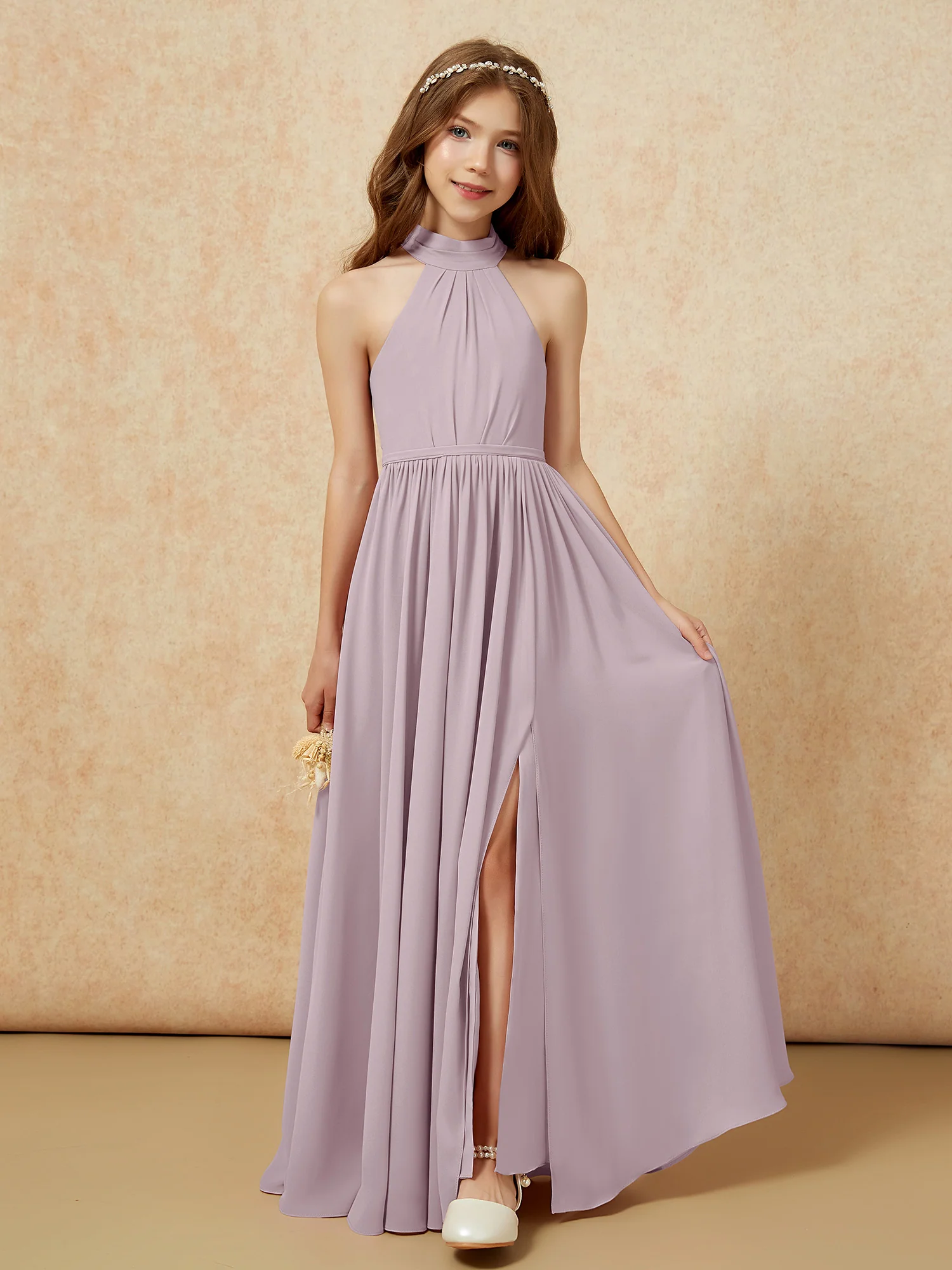 High Neck Long Junior Bridesmaid Dress With Slit Dusk