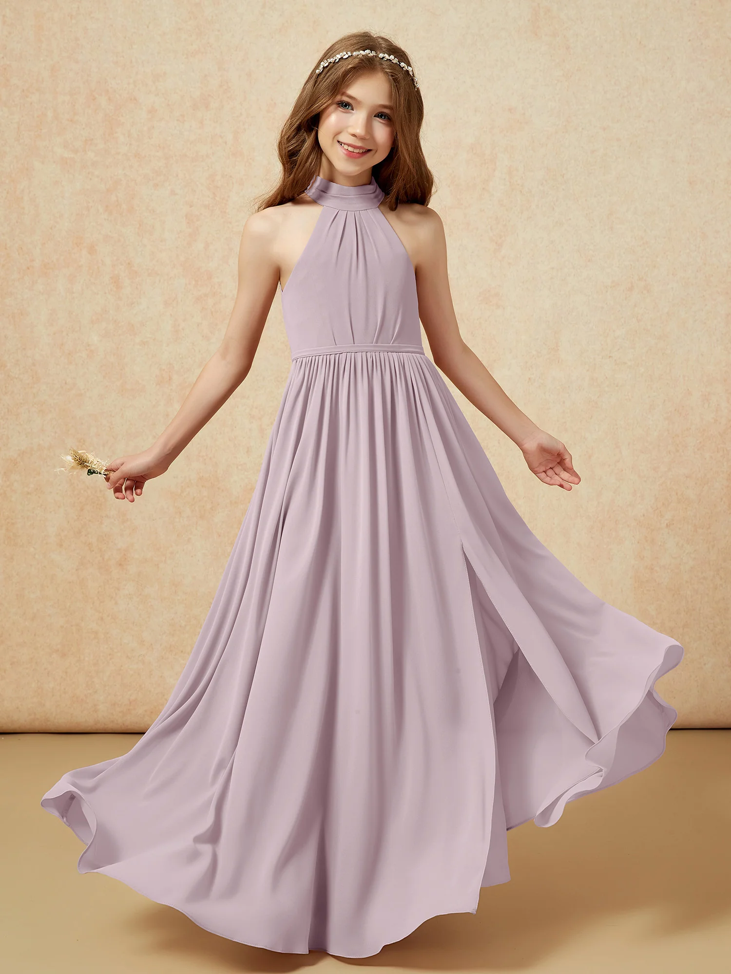 High Neck Long Junior Bridesmaid Dress With Slit Dusk - Image 4