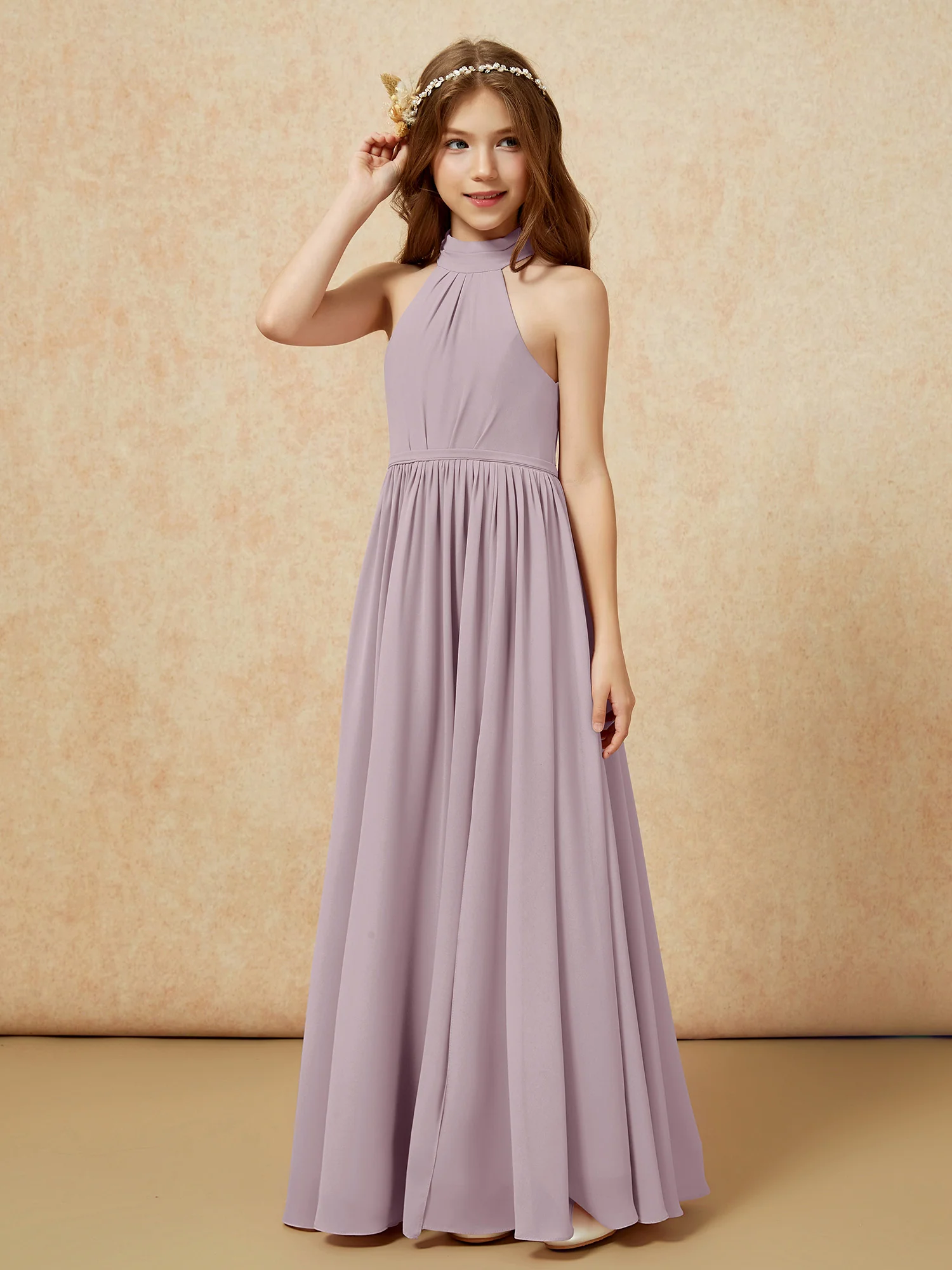 High Neck Long Junior Bridesmaid Dress With Slit Dusk - Image 6