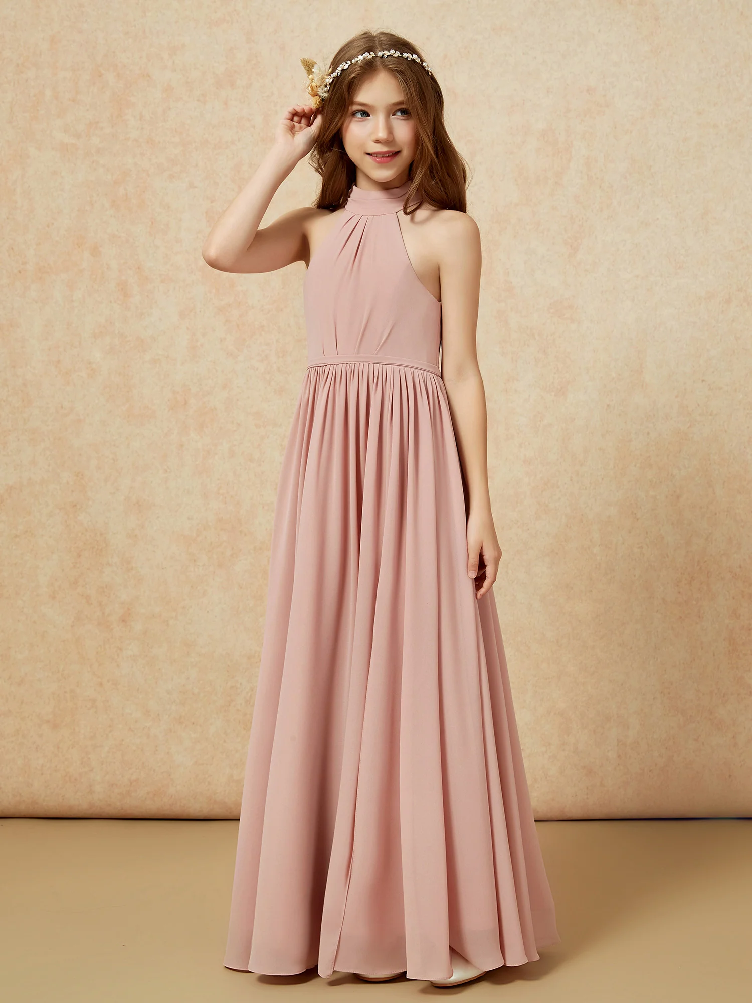 High Neck Long Junior Bridesmaid Dress With Slit Dusty Rose - Image 6