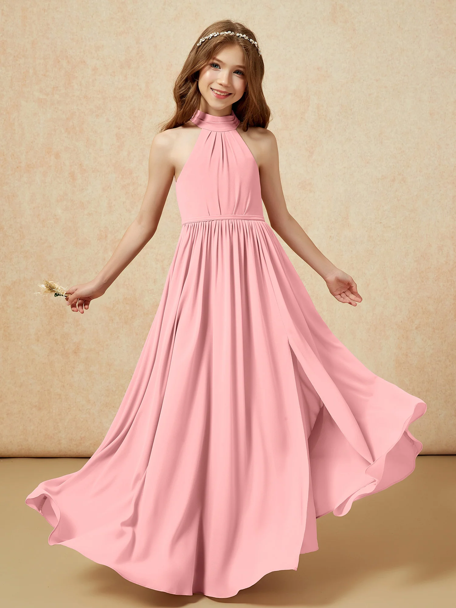 High Neck Long Junior Bridesmaid Dress With Slit Flamingo - Image 4