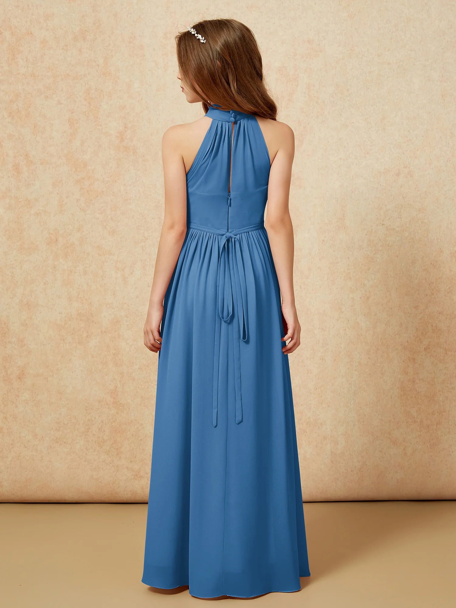 High Neck Long Junior Bridesmaid Dress With Slit Ink Blue - Image 2