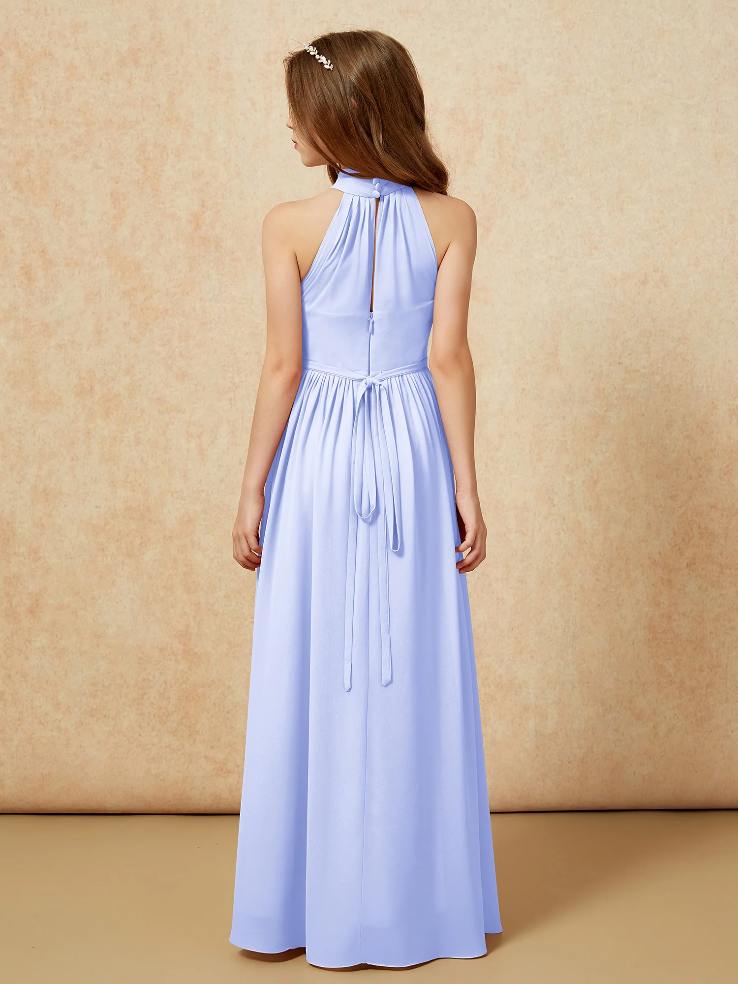 High Neck Long Junior Bridesmaid Dress With Slit Lavender - Image 2
