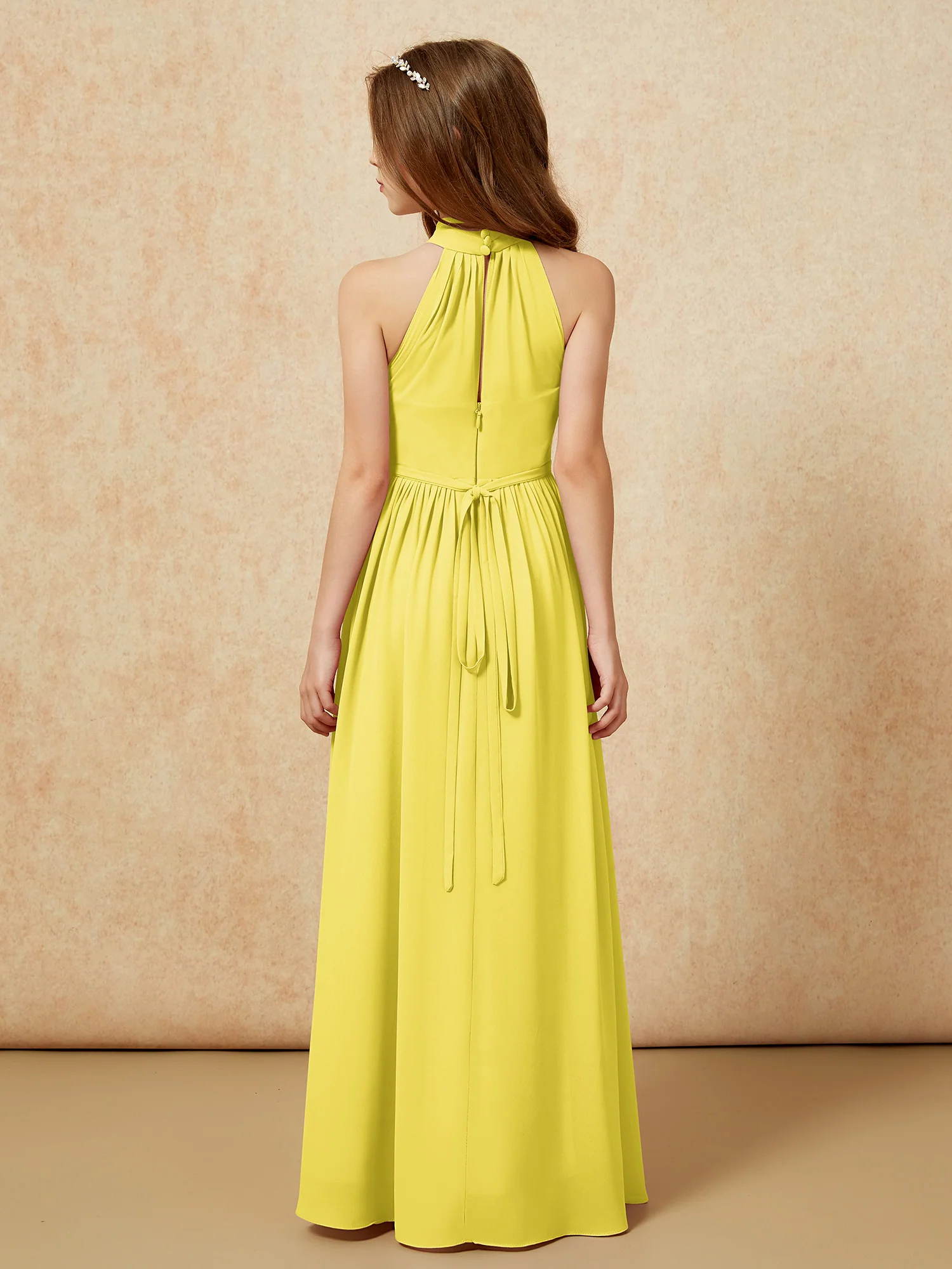 High Neck Long Junior Bridesmaid Dress With Slit Lemon - Image 2
