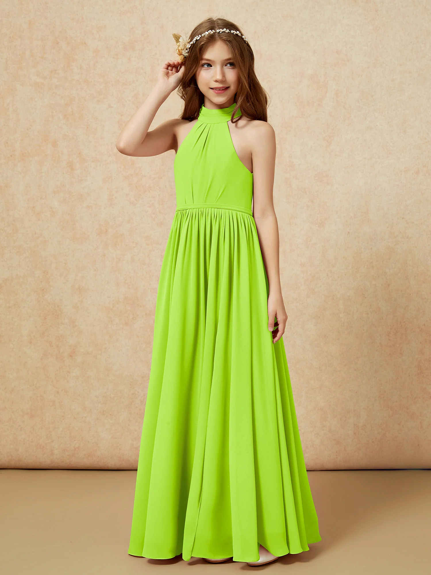 High Neck Long Junior Bridesmaid Dress With Slit Lime Green - Image 6