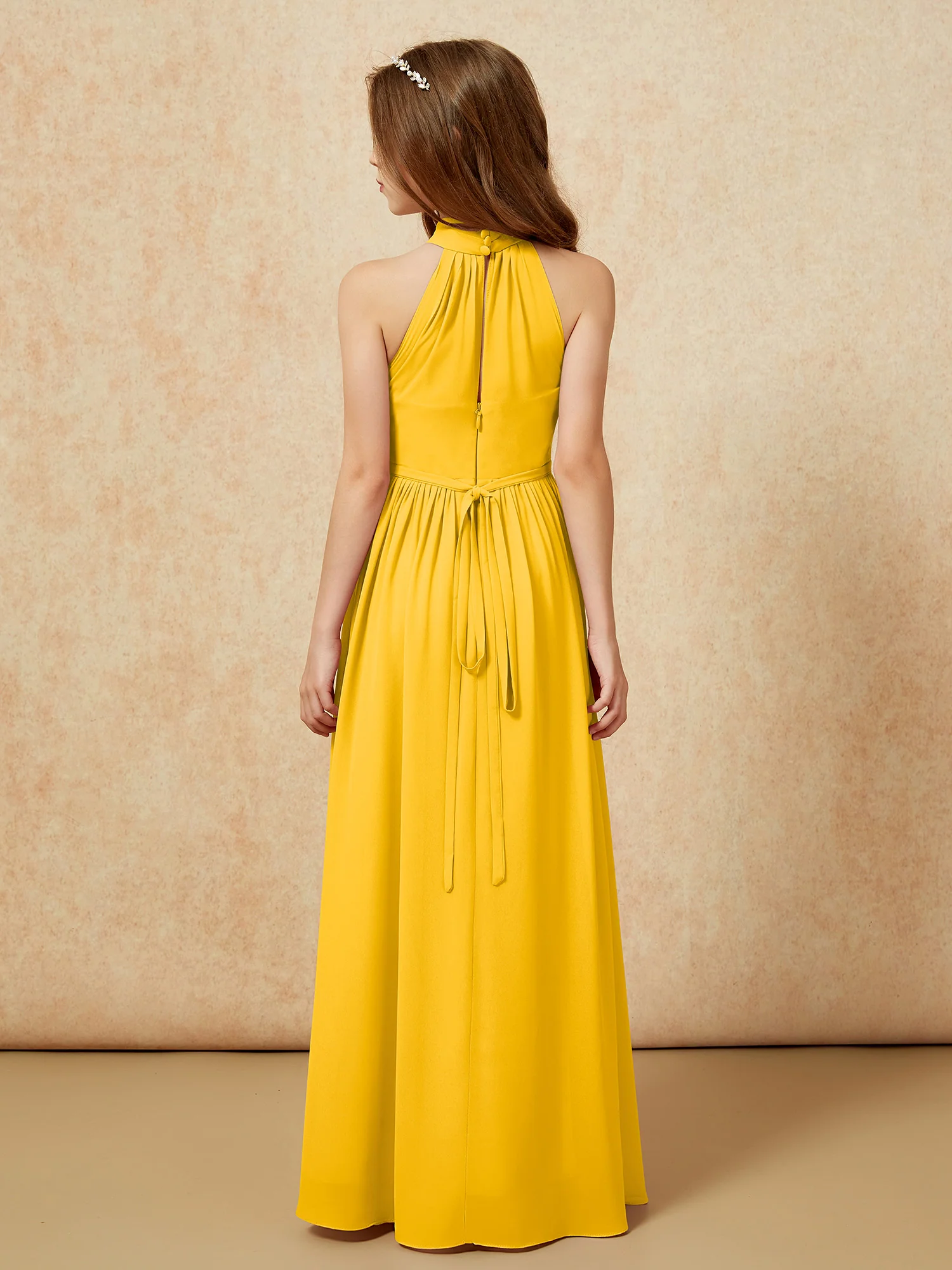 High Neck Long Junior Bridesmaid Dress With Slit Marigold - Image 2