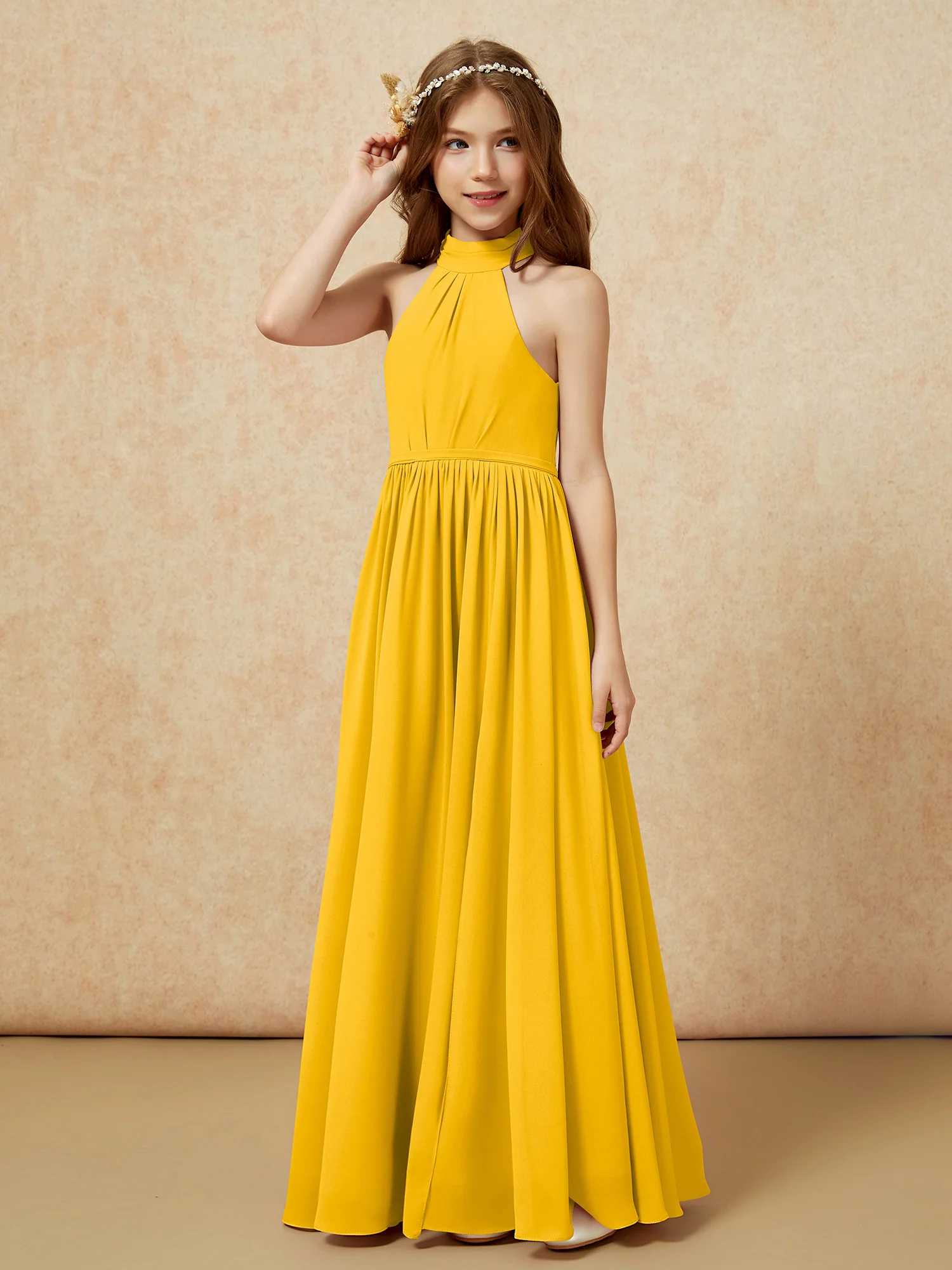 High Neck Long Junior Bridesmaid Dress With Slit Marigold - Image 6