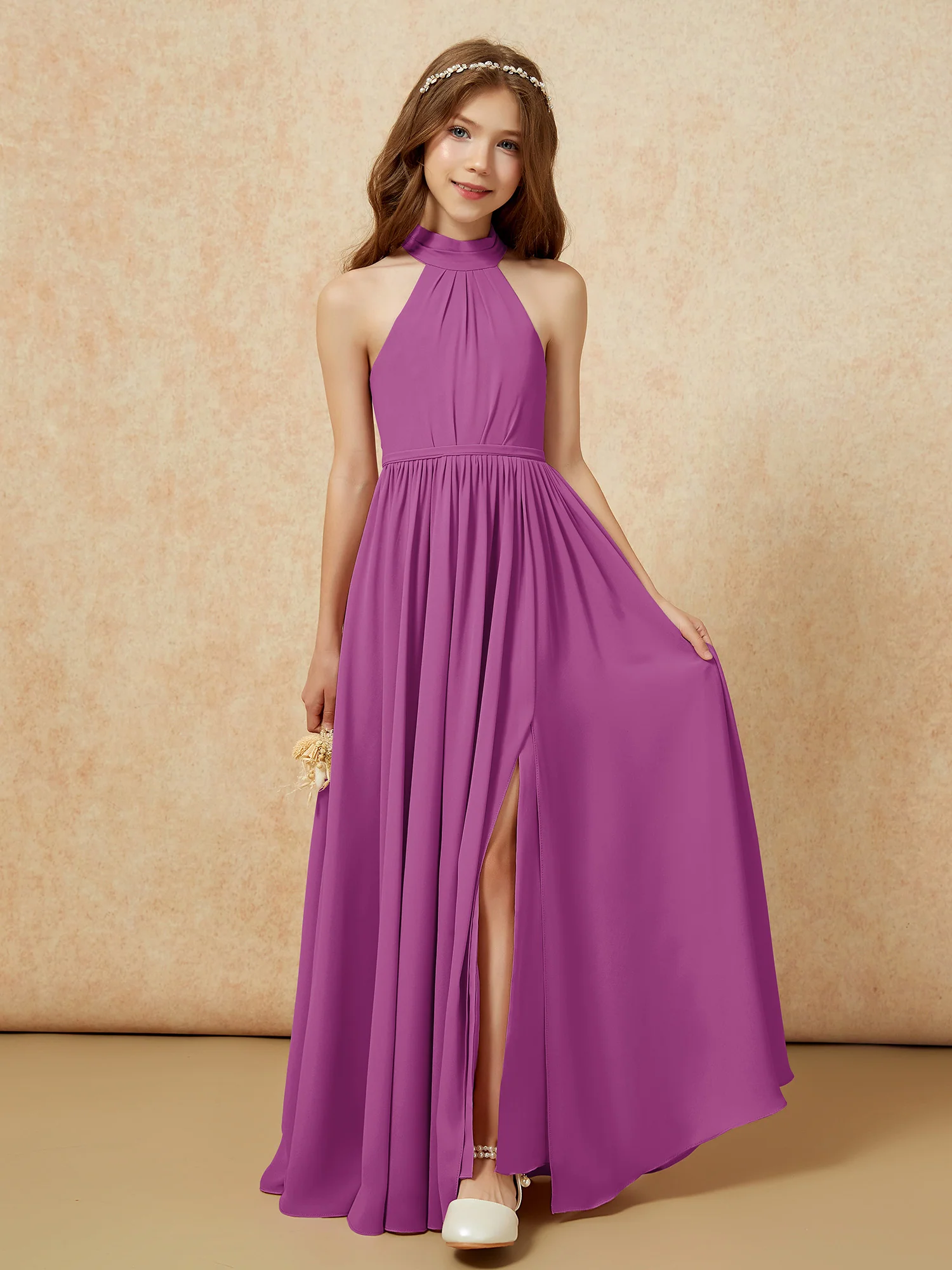 High Neck Long Junior Bridesmaid Dress With Slit Orchid