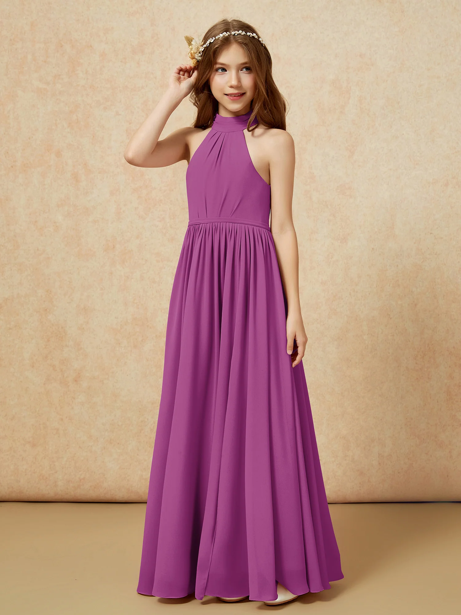High Neck Long Junior Bridesmaid Dress With Slit Orchid - Image 6