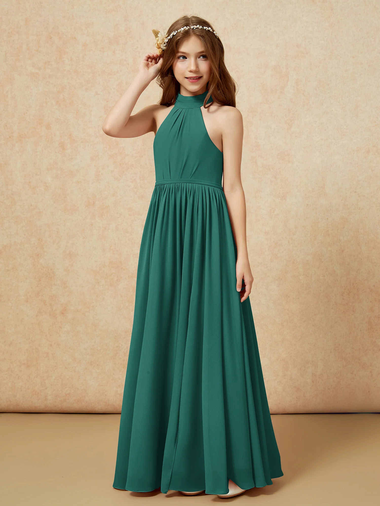 High Neck Long Junior Bridesmaid Dress With Slit Peacock - Image 6