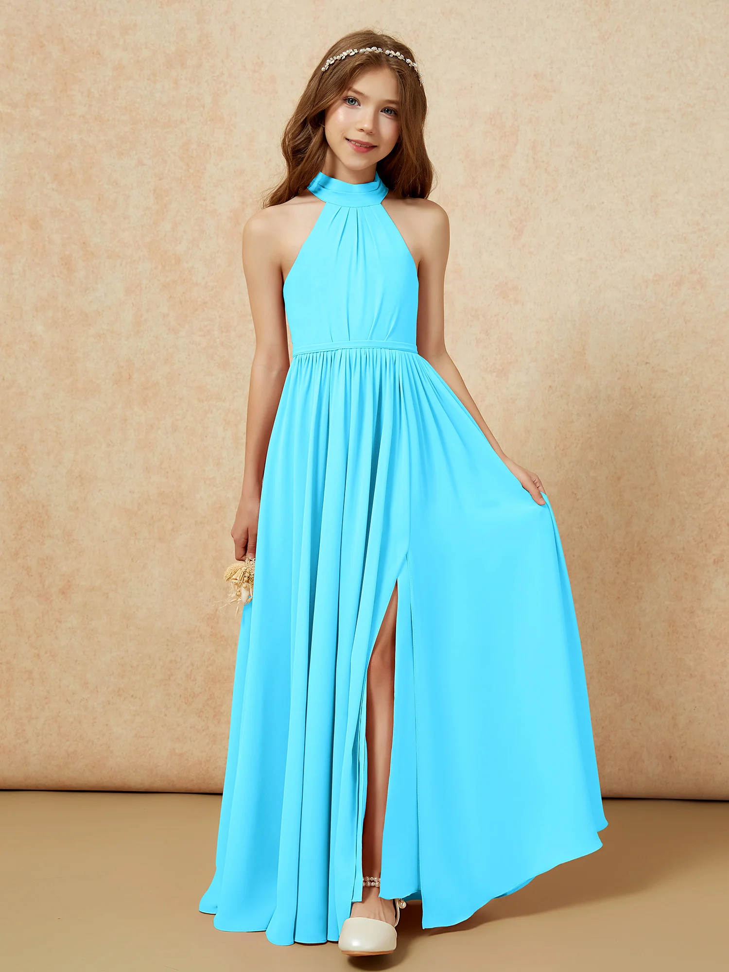 High Neck Long Junior Bridesmaid Dress With Slit Pool