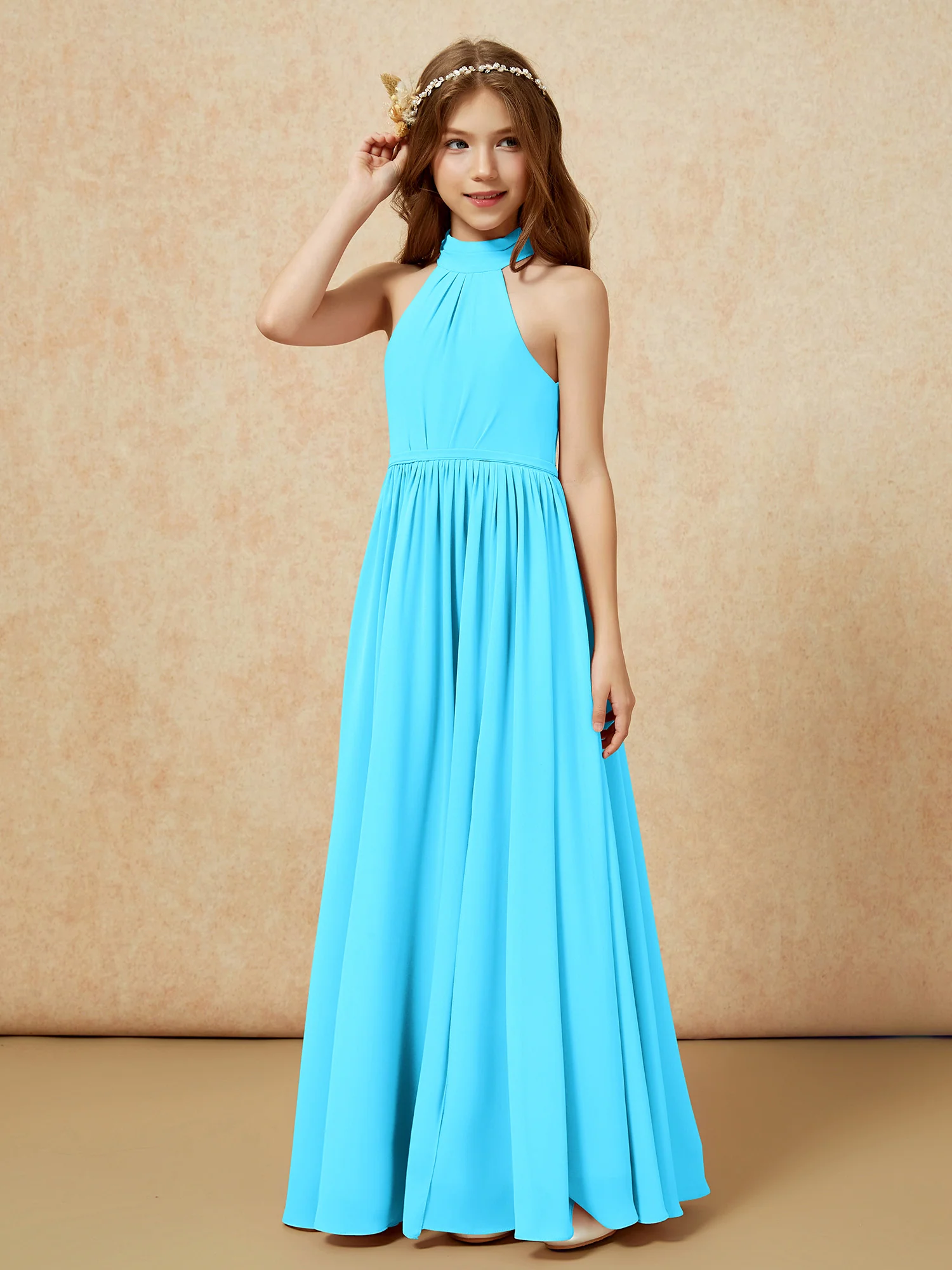 High Neck Long Junior Bridesmaid Dress With Slit Pool - Image 6