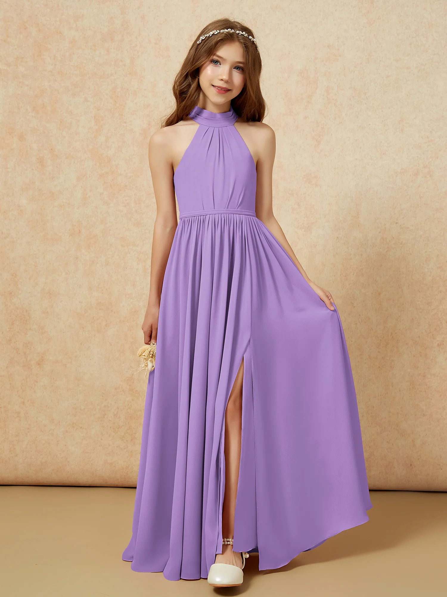 High Neck Long Junior Bridesmaid Dress With Slit Tahiti