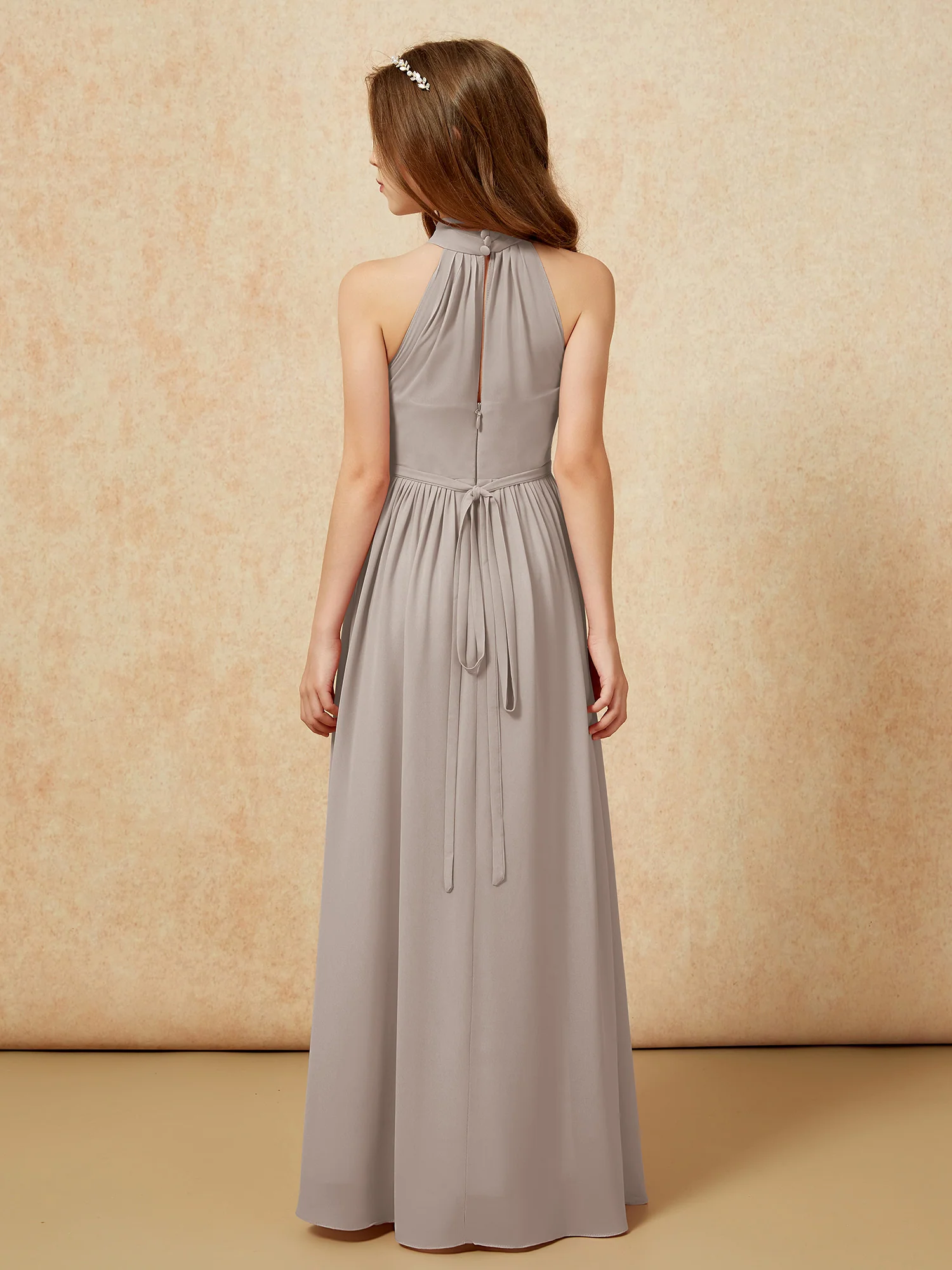 High Neck Long Junior Bridesmaid Dress With Slit Taupe - Image 2