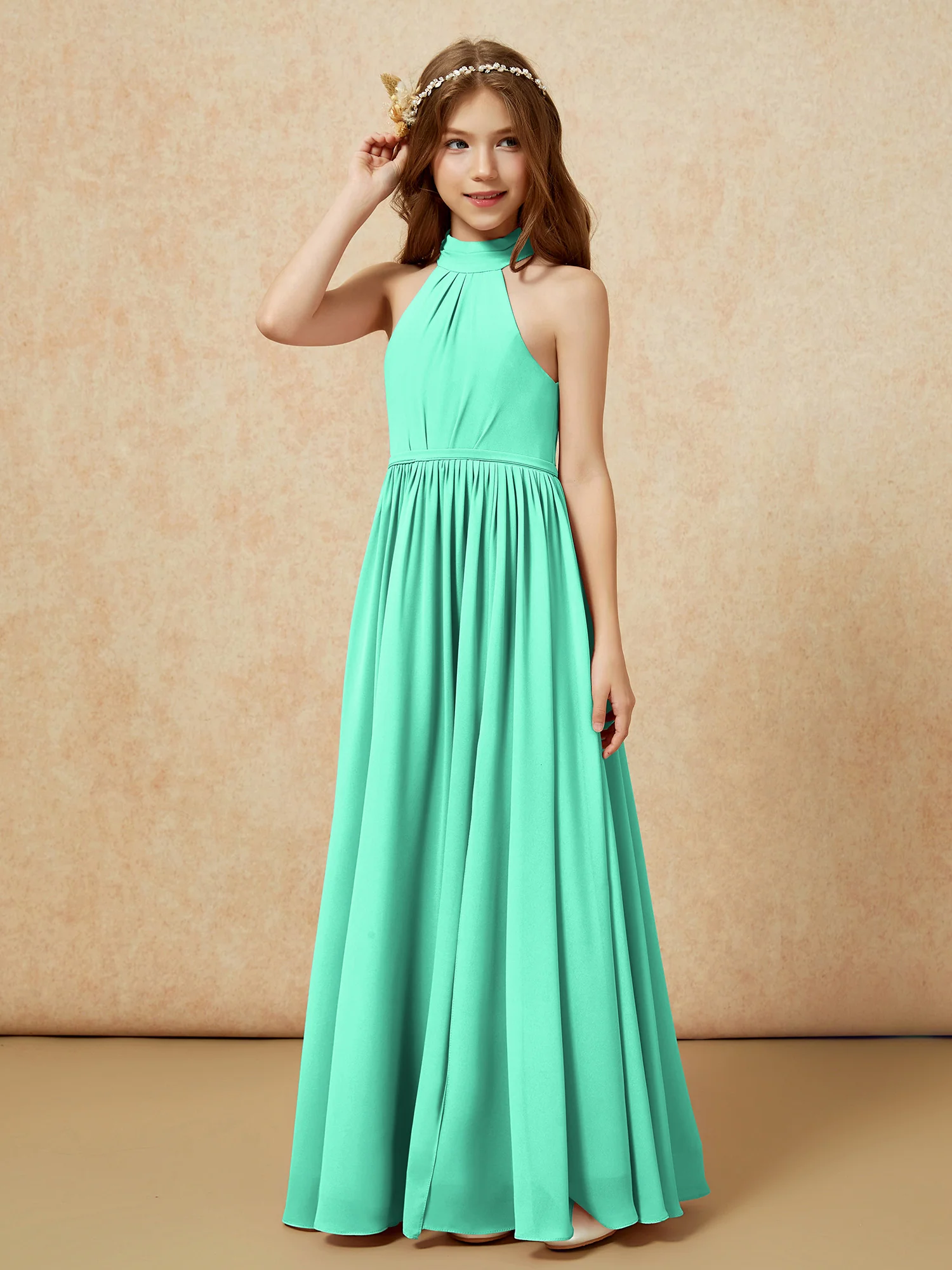High Neck Long Junior Bridesmaid Dress With Slit Turquoise - Image 6