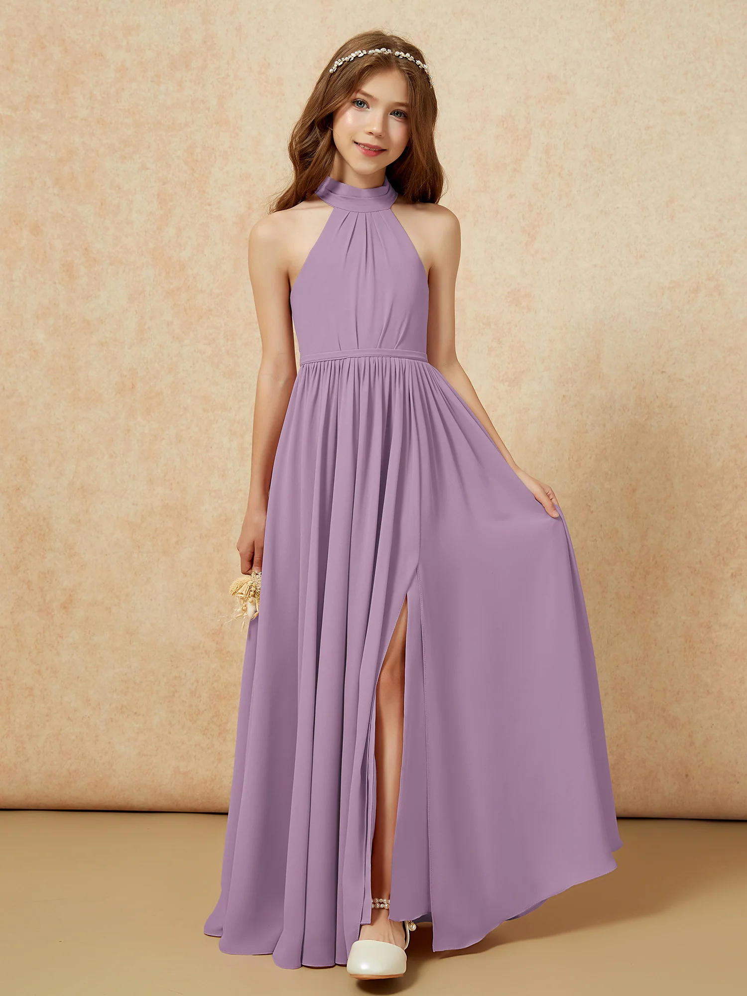 High Neck Long Junior Bridesmaid Dress With Slit Wisteria