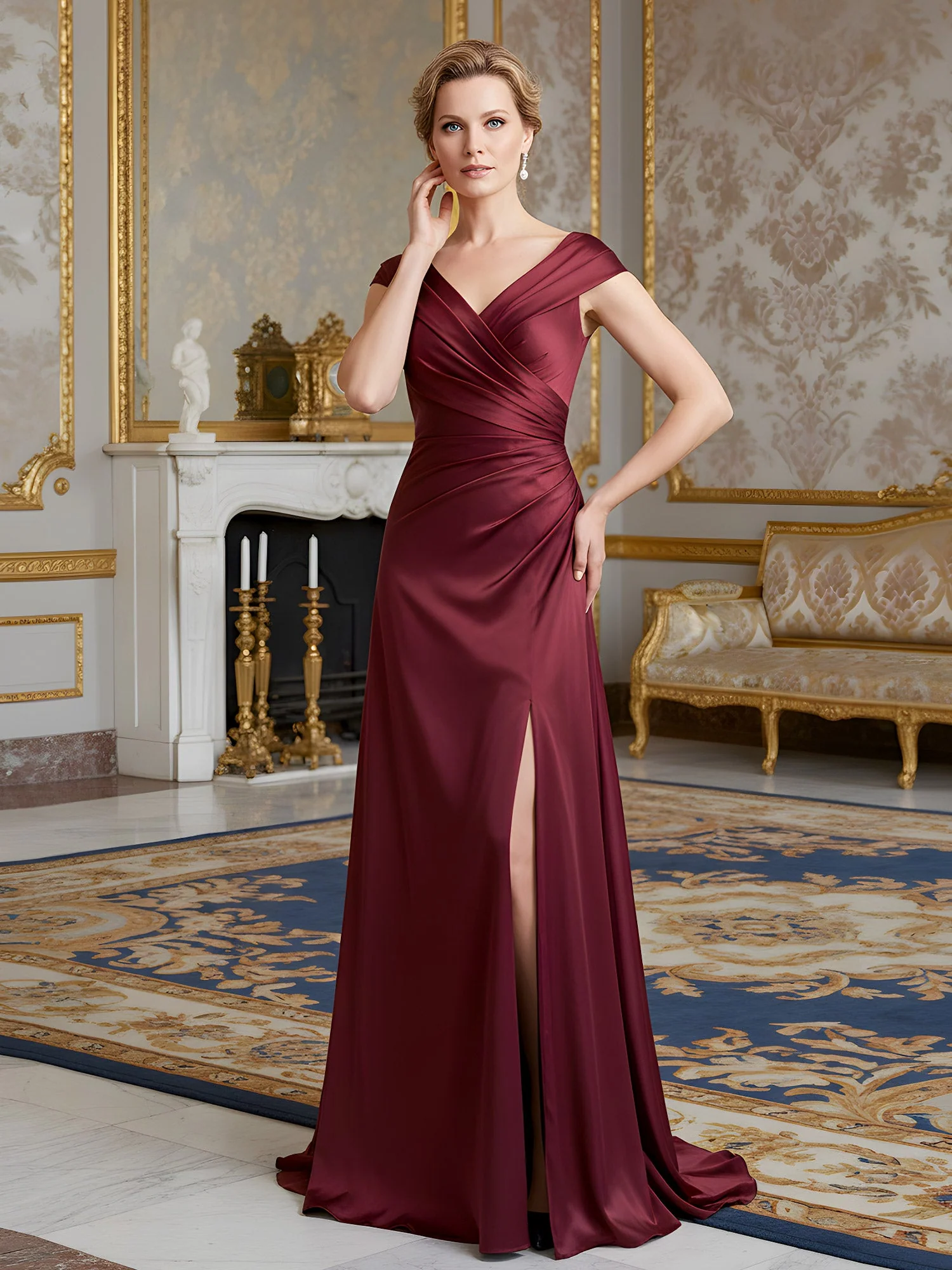 Cap Sleeve Column Gown with Draped V-Neck and Thigh Slit Grape