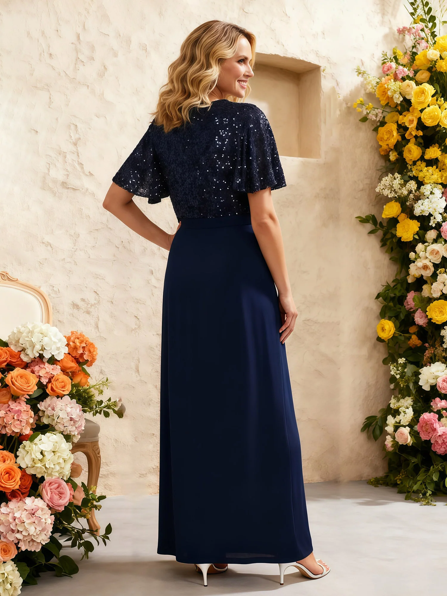 Sequin Top Faux-Wrap Skirt Maxi Dress with V-Neckline Dark Navy - Image 2
