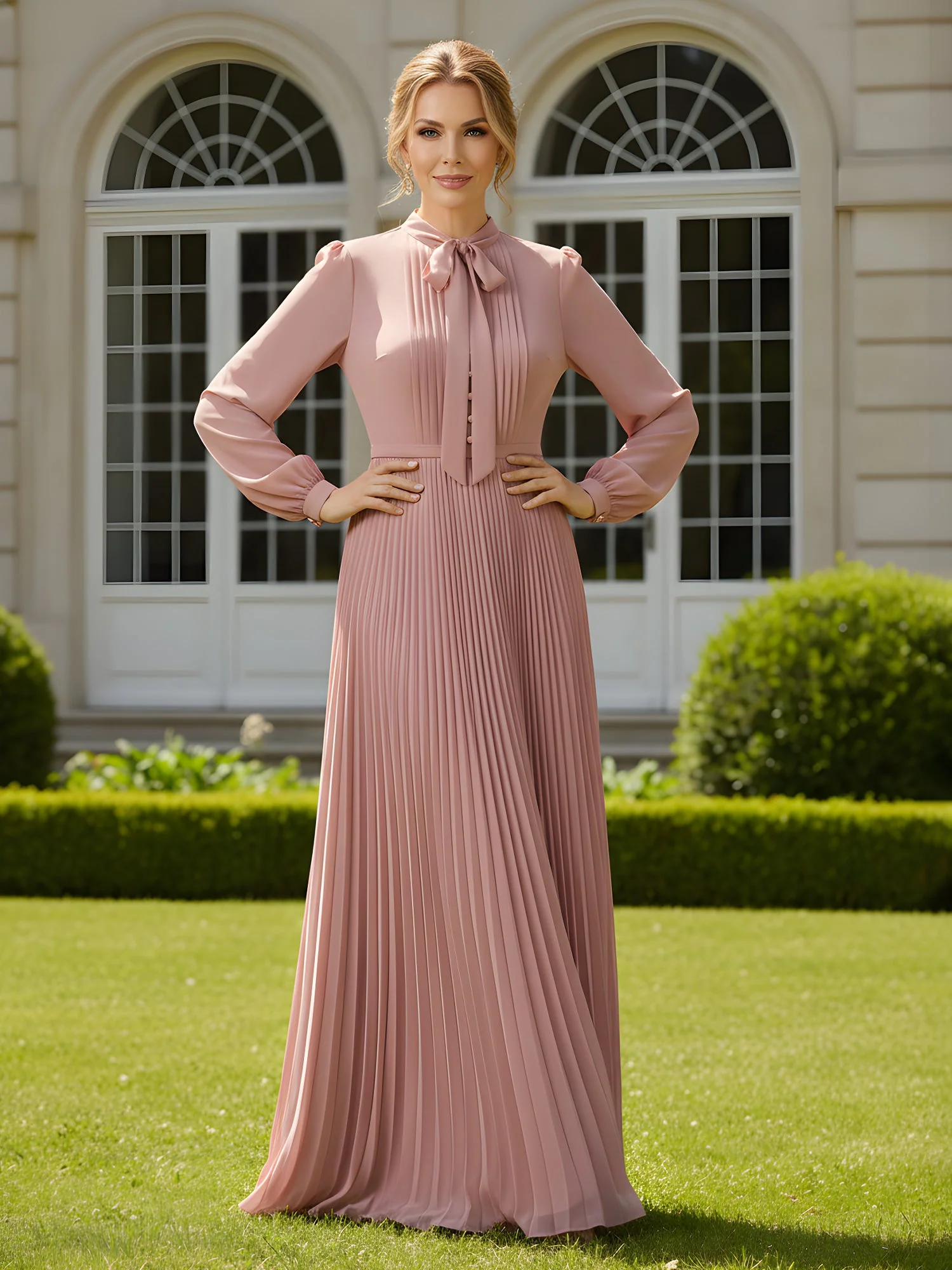 Chiffon Pleated Maxi Dress with Pussy Bow Neck Tie Candy Pink