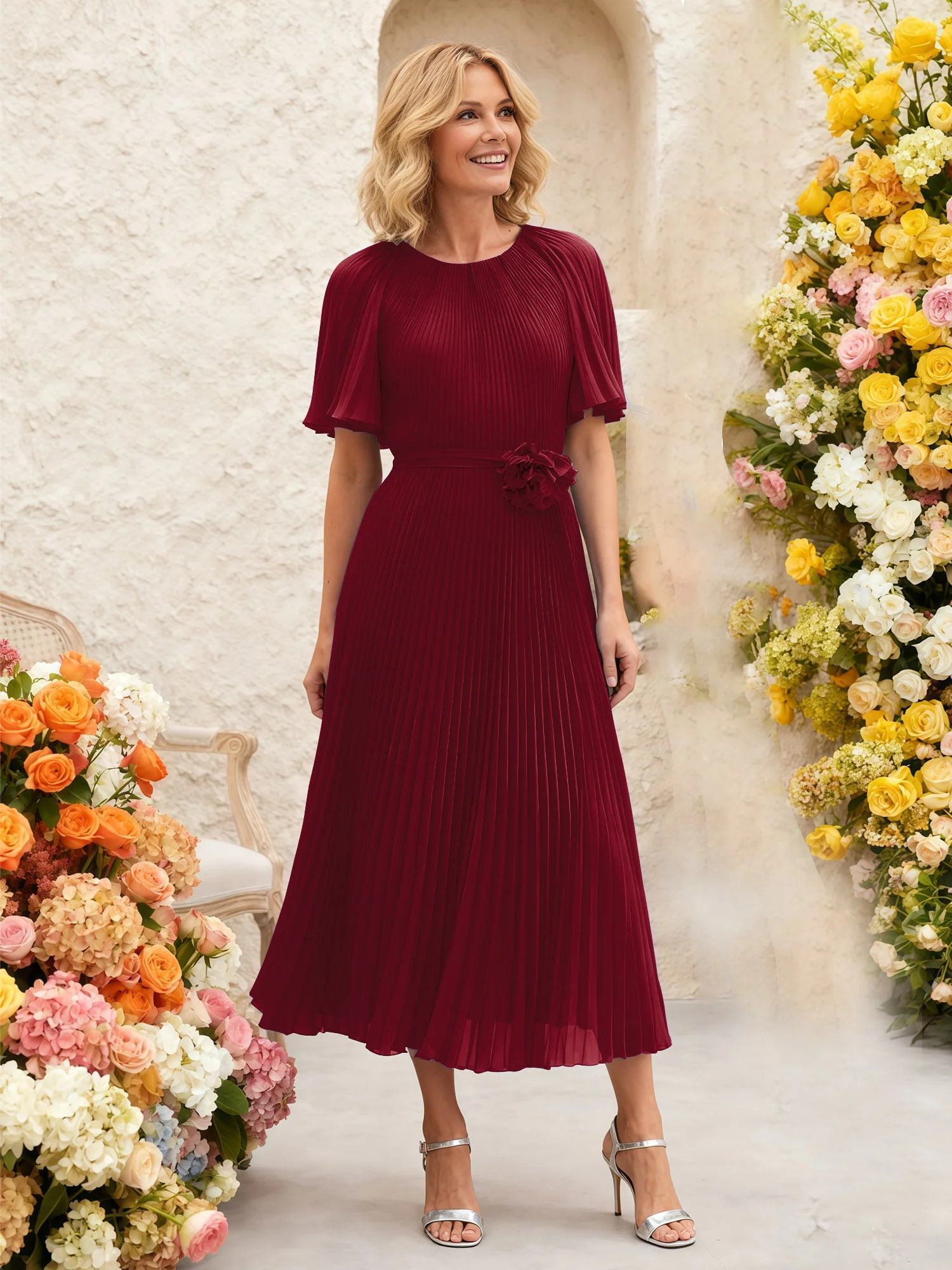 Chiffon Pleated Midi Dress with Floral Waist Detail Burgundy