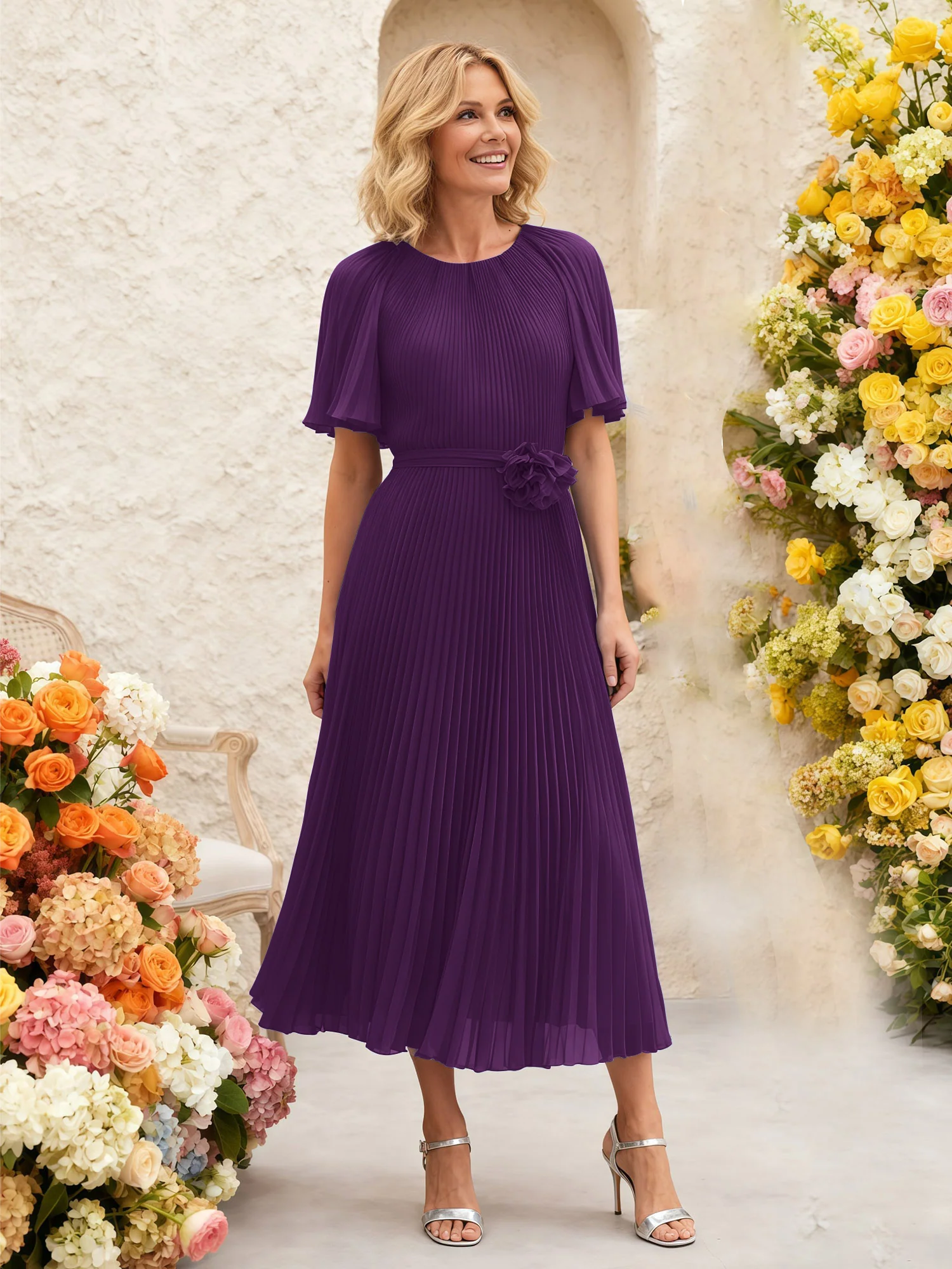 Chiffon Pleated Midi Dress with Floral Waist Detail Grape