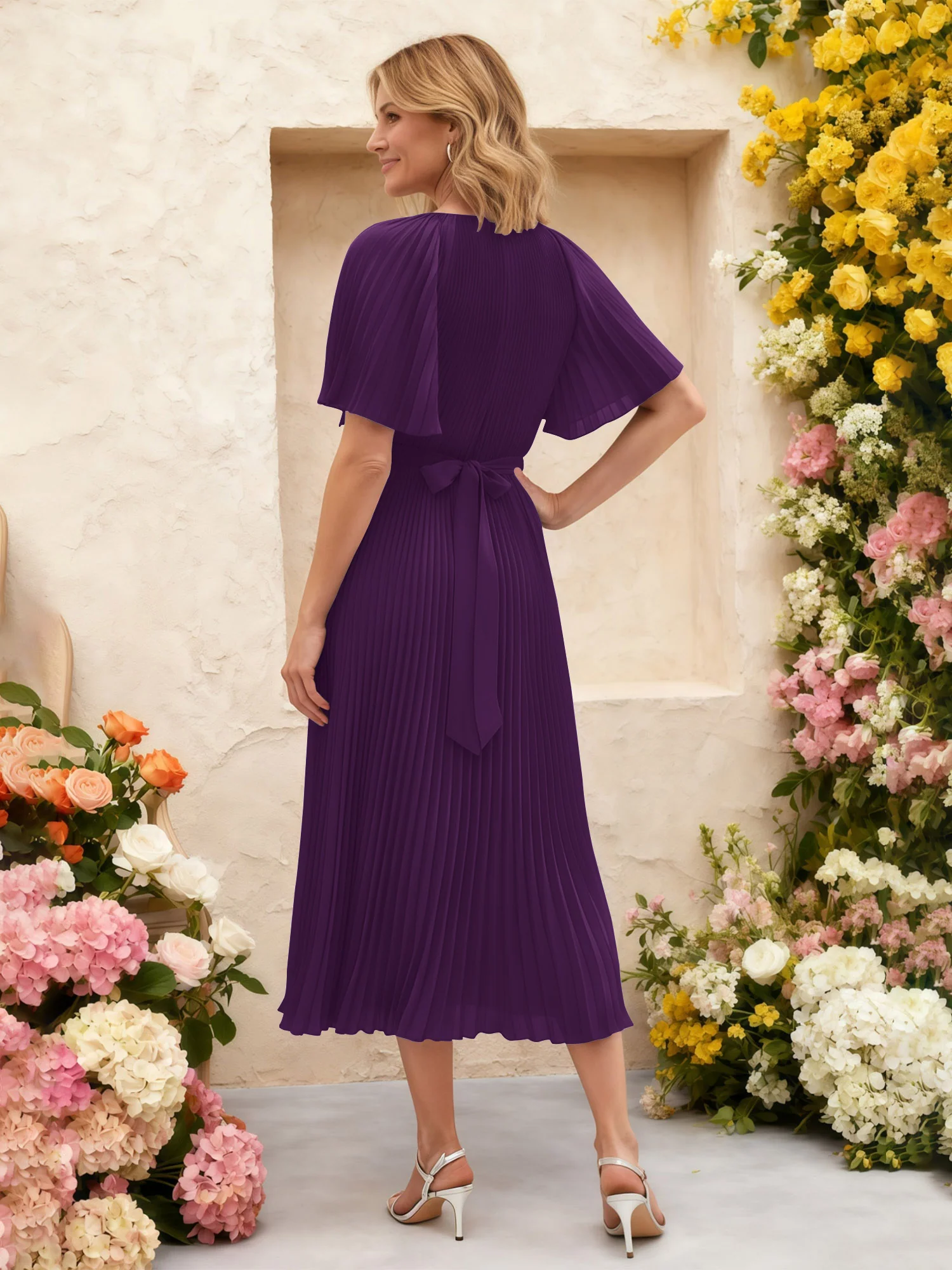 Chiffon Pleated Midi Dress with Floral Waist Detail Grape - Image 2