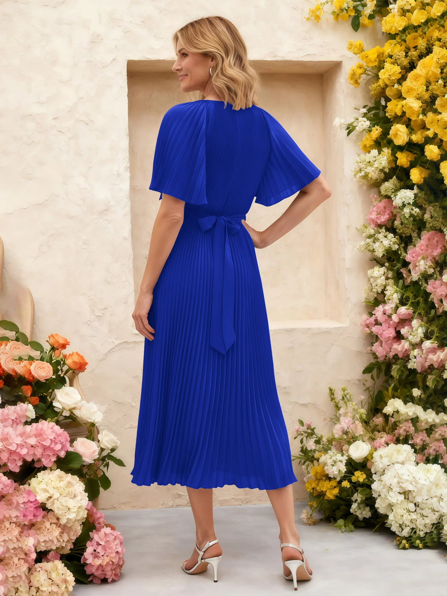 Chiffon Pleated Midi Dress with Floral Waist Detail Royal Blue - Image 2