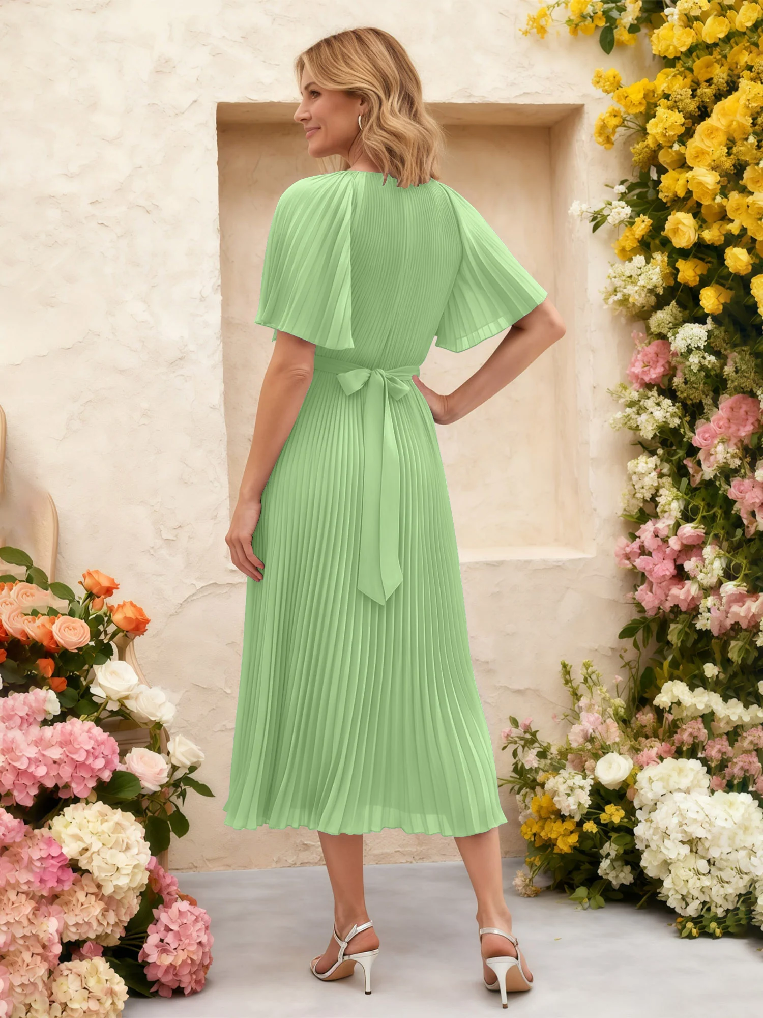 Chiffon Pleated Midi Dress with Floral Waist Detail Sage - Image 2