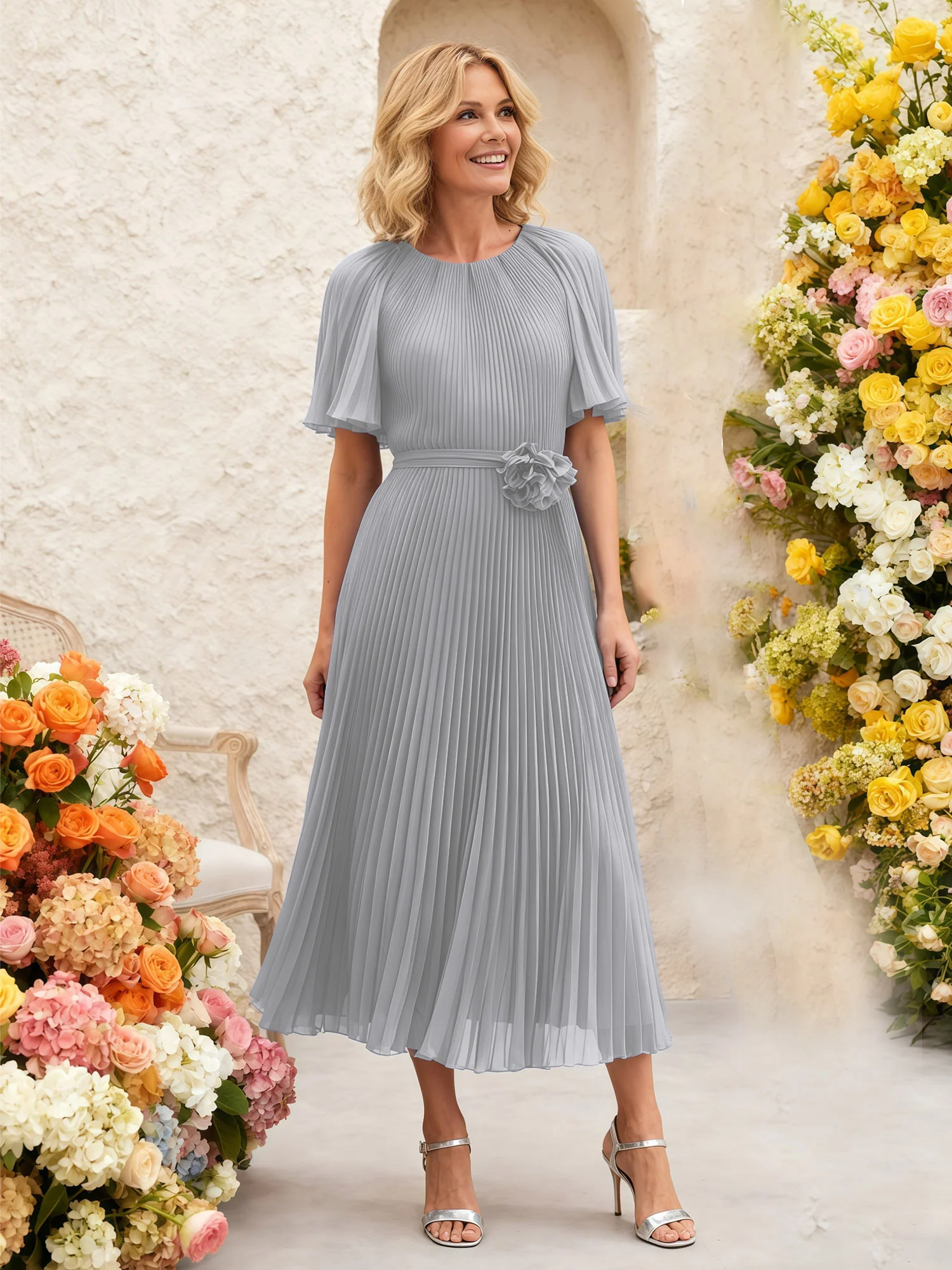 Chiffon Pleated Midi Dress with Floral Waist Detail Silver