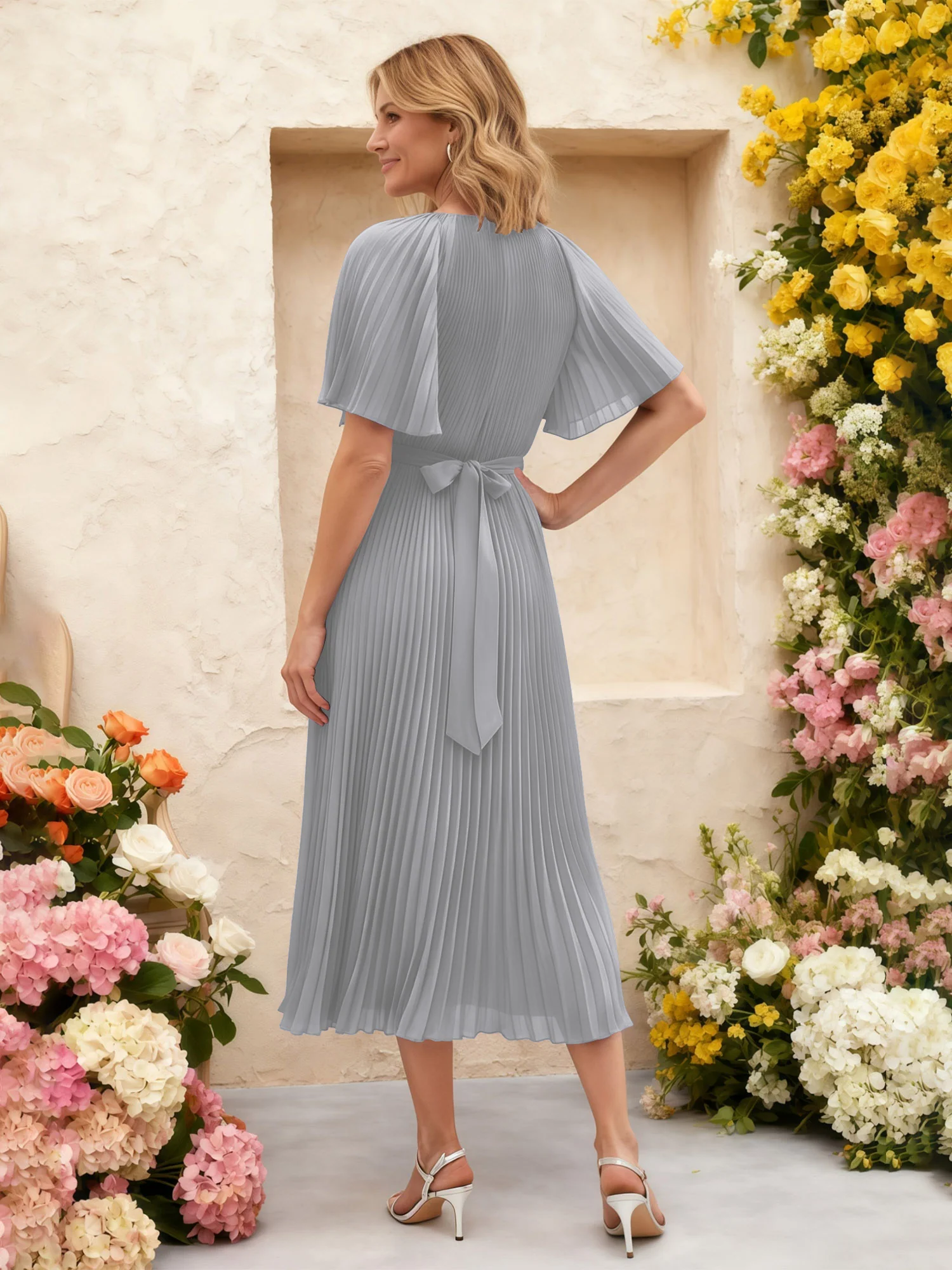 Chiffon Pleated Midi Dress with Floral Waist Detail Silver - Image 2