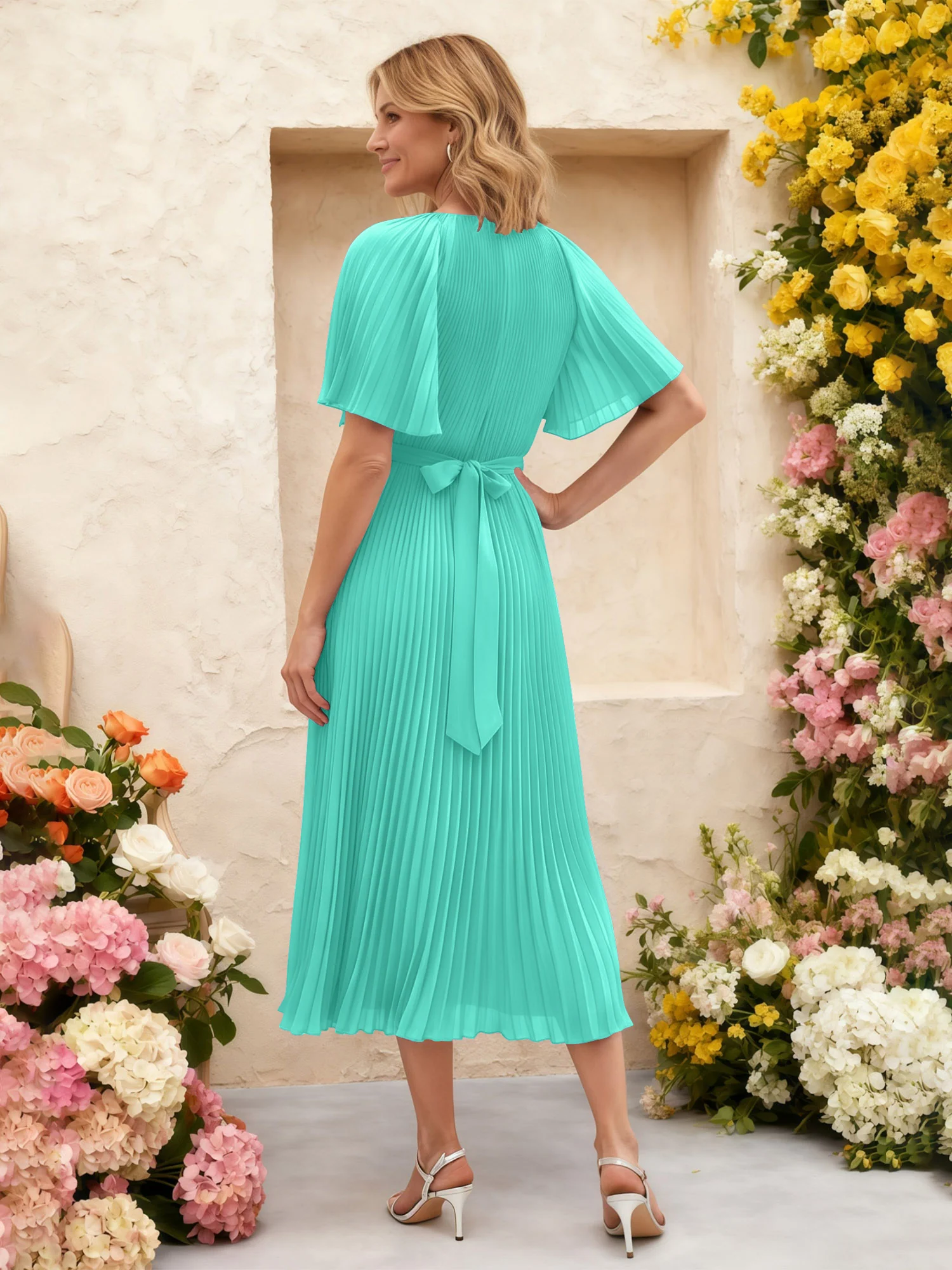 Chiffon Pleated Midi Dress with Floral Waist Detail Spa - Image 2