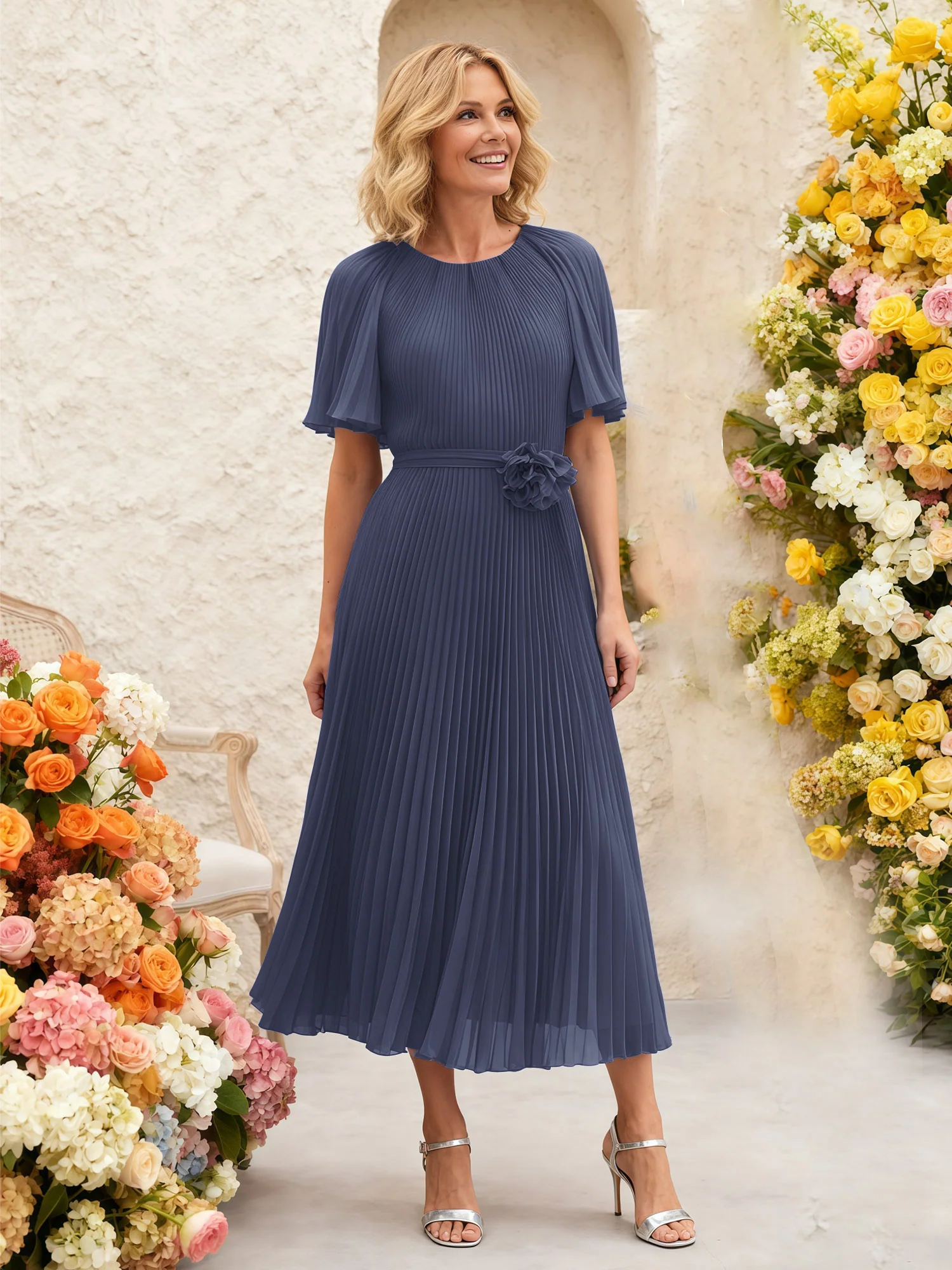 Chiffon Pleated Midi Dress with Floral Waist Detail Stormy