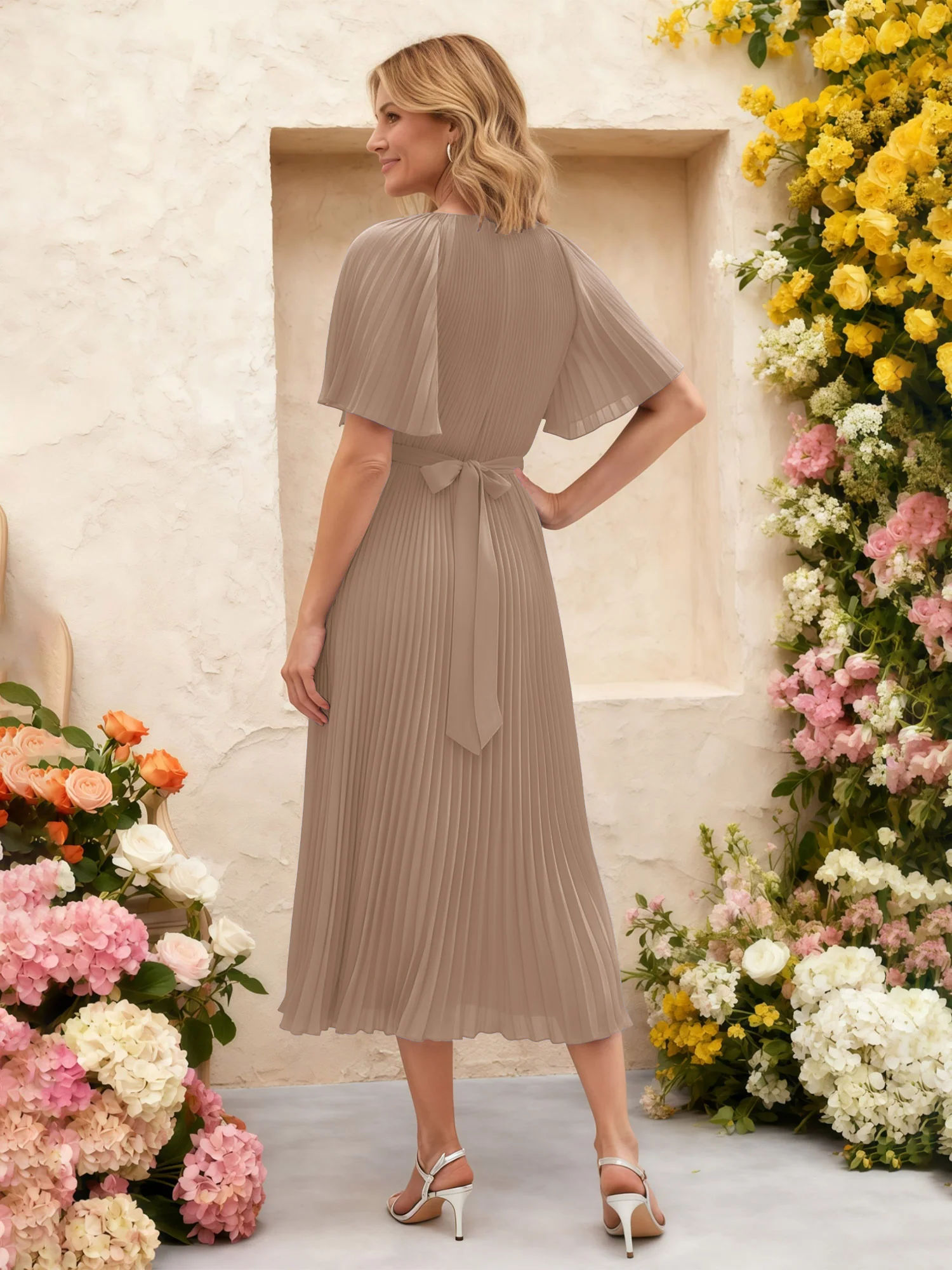 Chiffon Pleated Midi Dress with Floral Waist Detail Taupe - Image 2