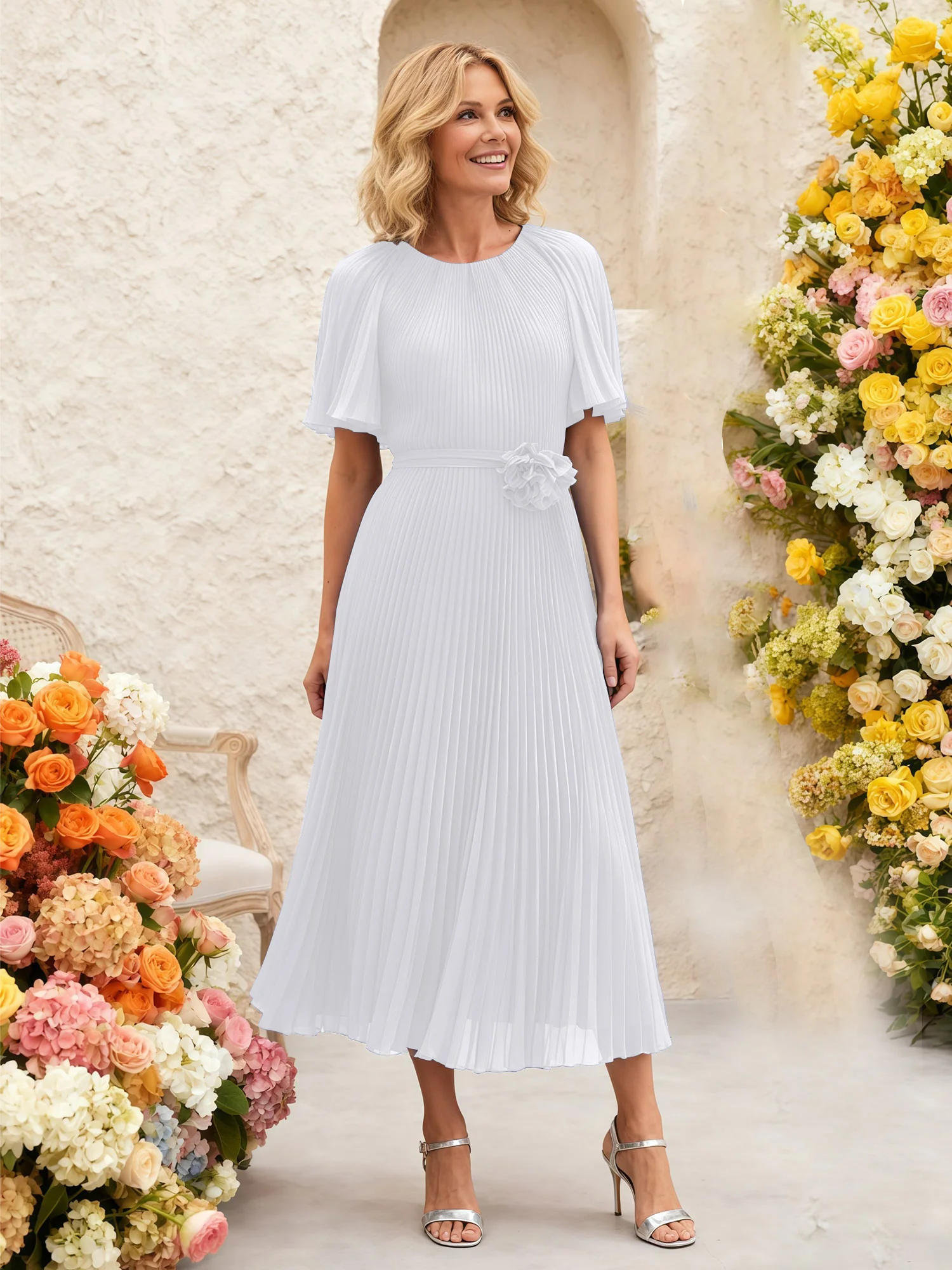 Chiffon Pleated Midi Dress with Floral Waist Detail White