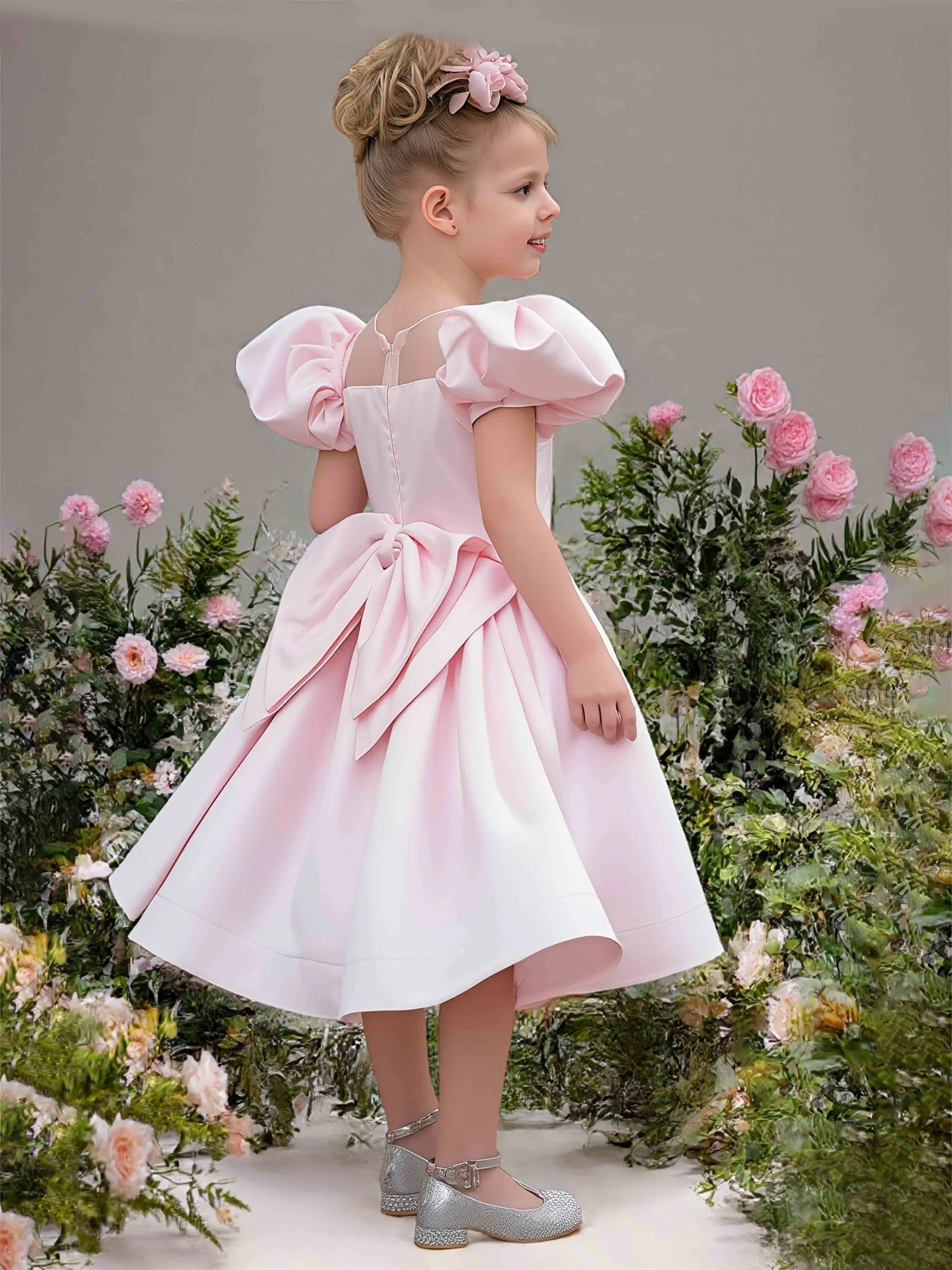 Illusion Cap Sleeves Knee-Length Flower Girl Dress Blushing Pink - Image 2