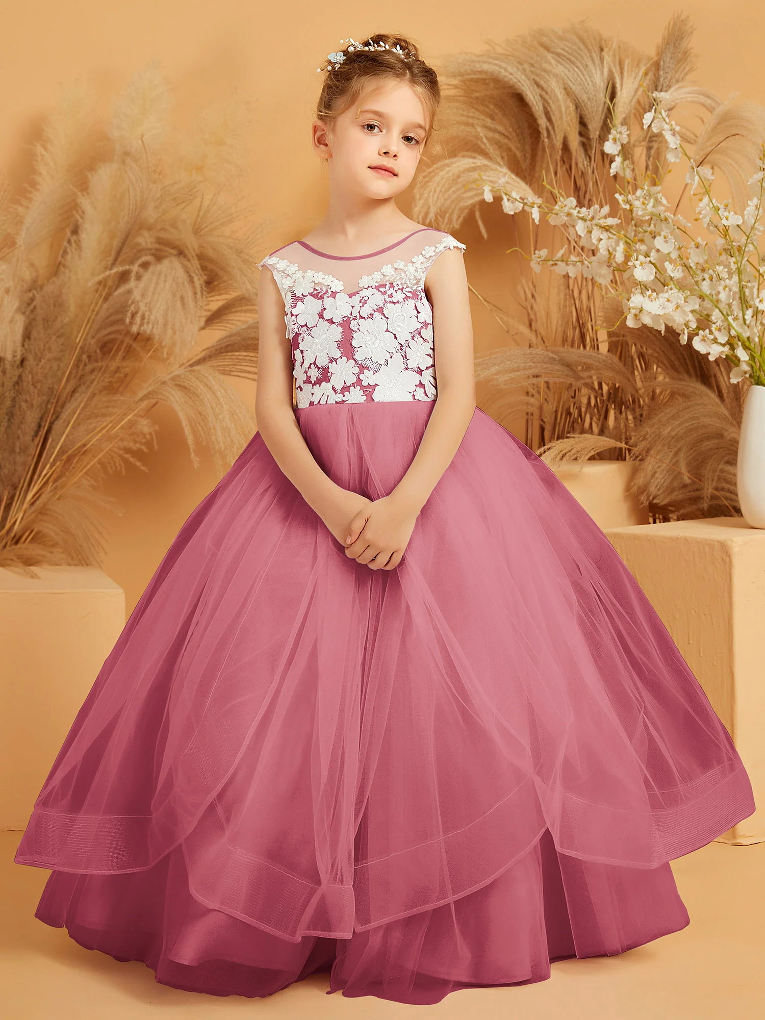Illusion Lace Applique Tulle Flower Girl Ball Gown Cinnamon Rose
