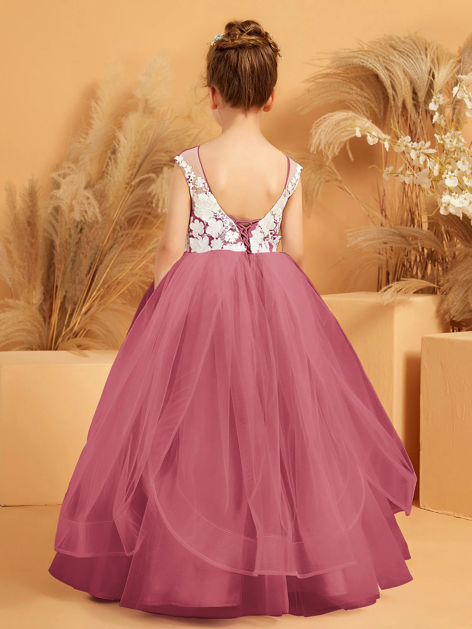 Illusion Lace Applique Tulle Flower Girl Ball Gown Cinnamon Rose - Image 2
