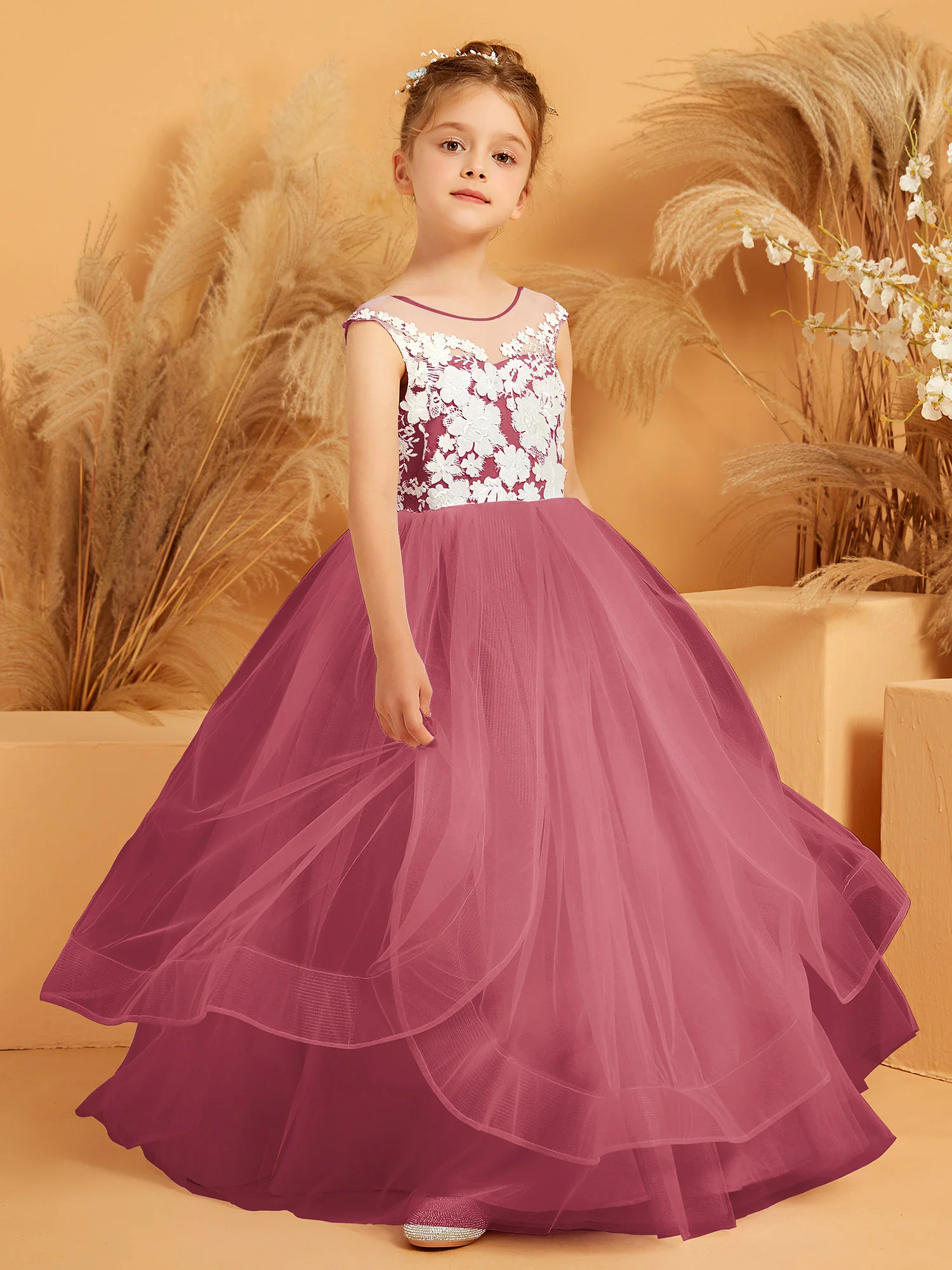 Illusion Lace Applique Tulle Flower Girl Ball Gown Cinnamon Rose - Image 3