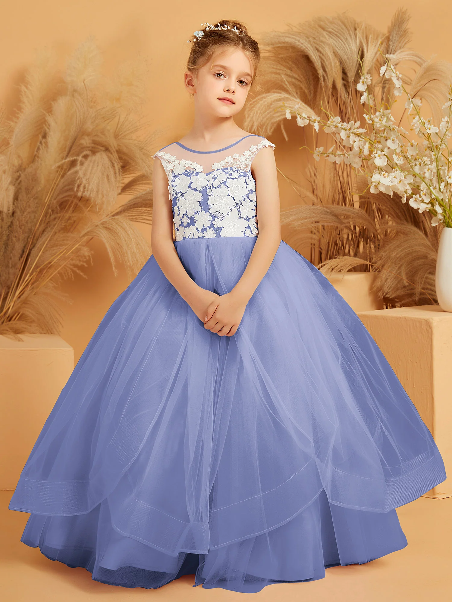 Illusion Lace Applique Tulle Flower Girl Ball Gown Periwinkle