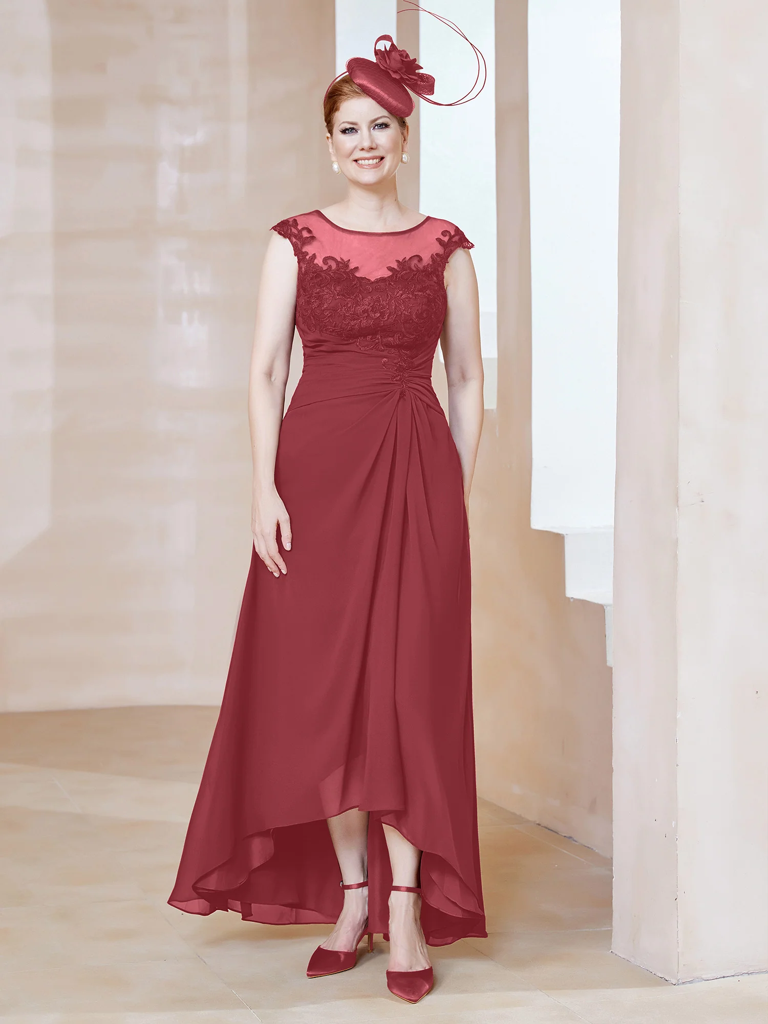 Illusion Lace Neckline Asymmetrical A-Line Dress Cinnamon Rose