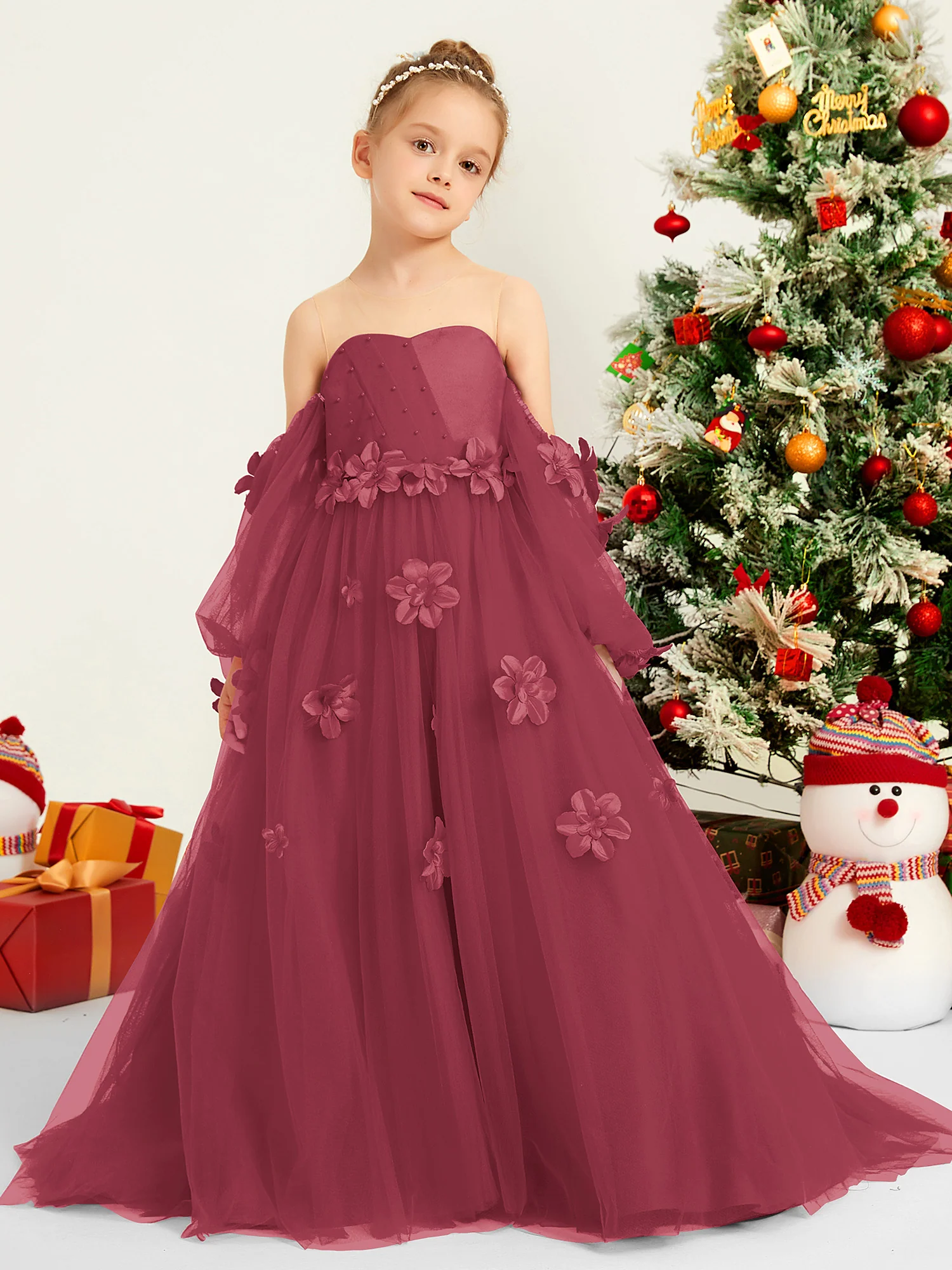 Illusion Long sleeves Floral Applique Flower Girl Dress Cinnamon Rose