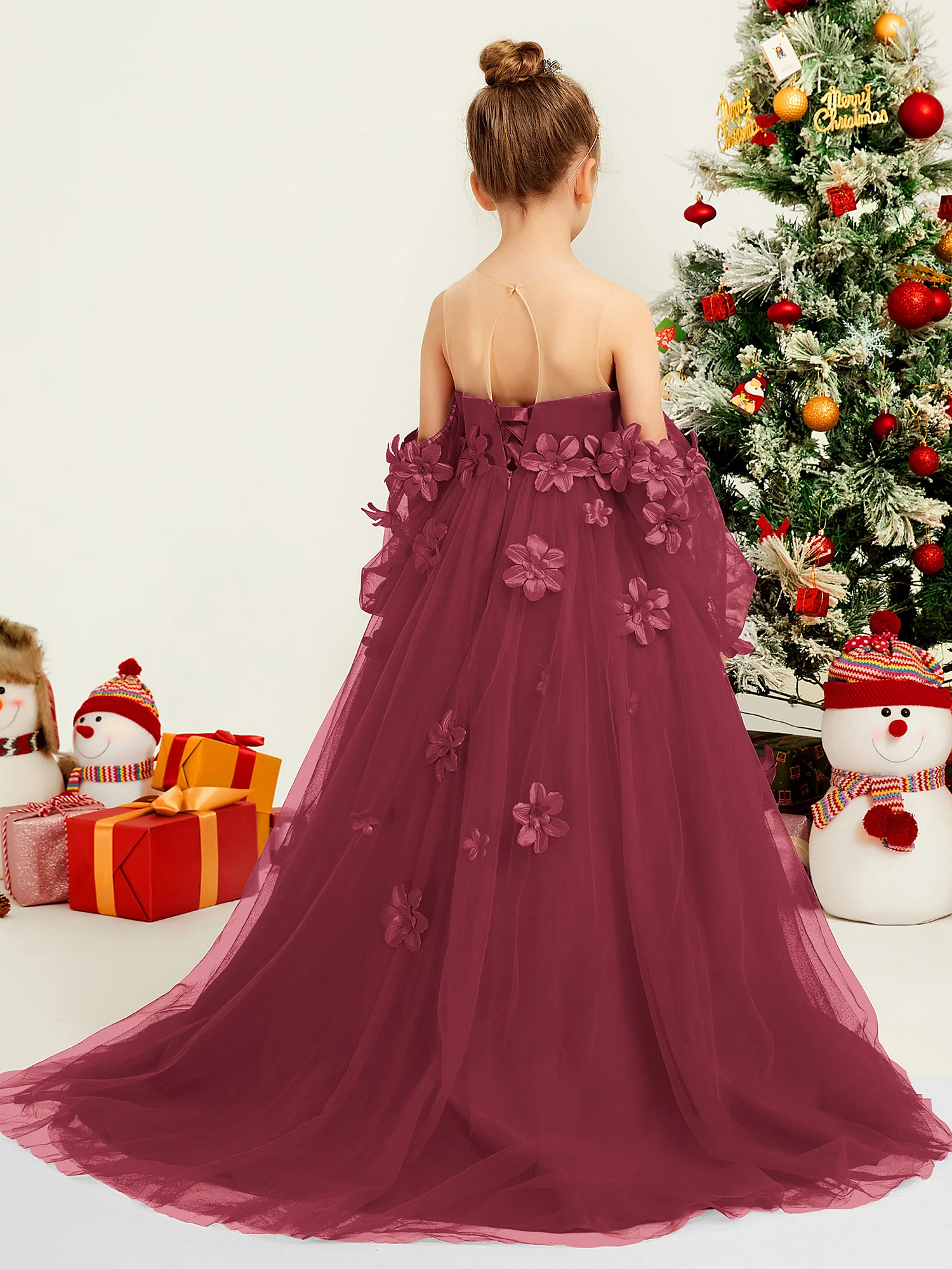 Illusion Long sleeves Floral Applique Flower Girl Dress Cinnamon Rose - Image 2