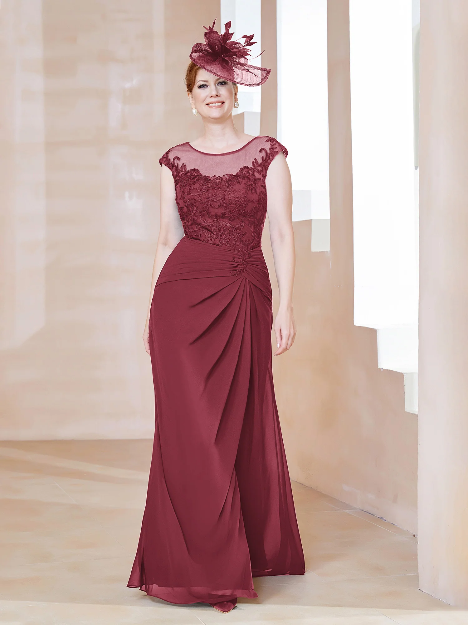 Illusion Neck Appliqued Dress With Slit Cinnamon Rose