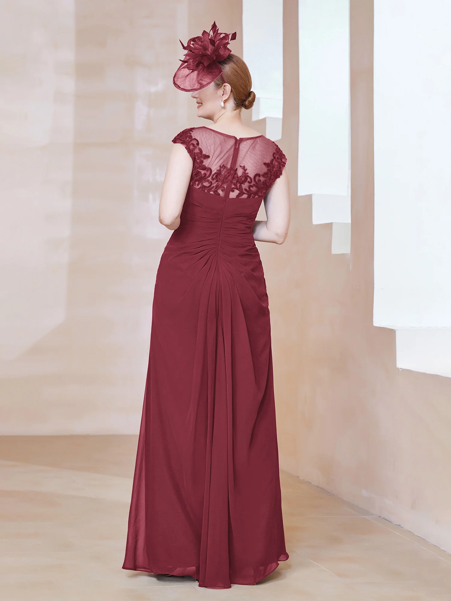 Illusion Neck Appliqued Dress With Slit Cinnamon Rose - Image 2